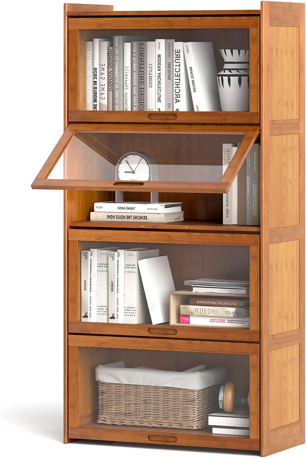 Giantex 4-Tier Bookcase with Clear Doors, 55' Bamboo Bookshelf with Flip-up Acrylic Doors, Freestanding Cube Storage Organizer with Shelves, Solid Wooden Display Cabinet for Living Room, Study, Brown