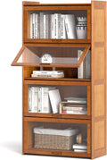 Giantex 4-Tier Bookcase with Clear Doors, 55' Bamboo Bookshelf with Flip-up Acrylic Doors, Freestanding Cube Storage Organizer with Shelves, Solid Wooden Display Cabinet for Living Room, Study, Brown