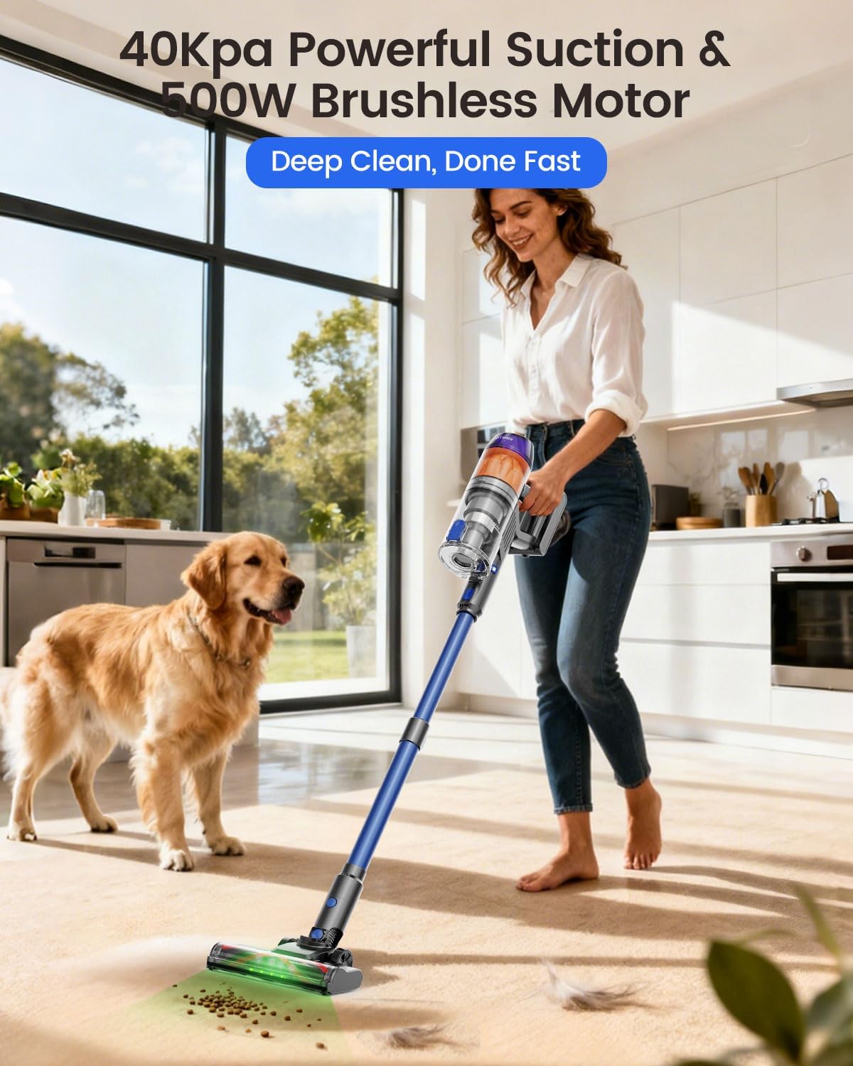 Cordless Vacuum Cleaner, 500W Vacuum Cleaners for Home Pet Hair, 60Mins Cordless Stick Vacuums with LED Display, Anti-Tangle, Lightweight Vacuum for Hard Floors, Carpet,Blue