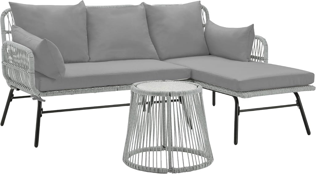 EROMMY 3 Piece Boho Patio Conversation Sets, L-Shaped Sectional Patio Furniture Sofa Set with Thick Cushions and Toughened Glass Coffee Table for Backyard Balcony Garden Porch, Gray