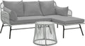 EROMMY 3 Piece Boho Patio Conversation Sets, L-Shaped Sectional Patio Furniture Sofa Set with Thick Cushions and Toughened Glass Coffee Table for Backyard Balcony Garden Porch, Gray