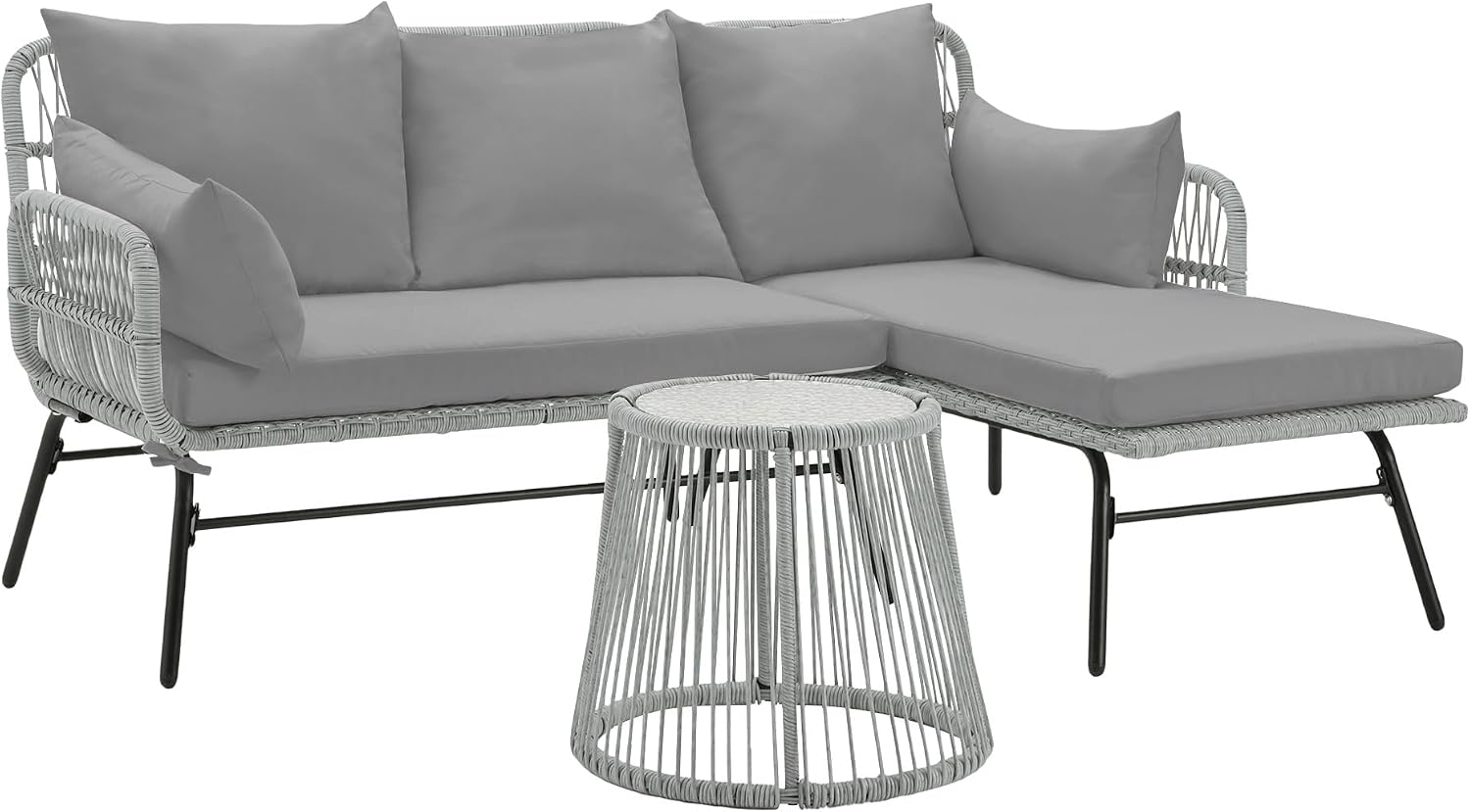 EROMMY 3 Piece Boho Patio Conversation Sets, L-Shaped Sectional Patio Furniture Sofa Set with Thick Cushions and Toughened Glass Coffee Table for Backyard Balcony Garden Porch, Gray