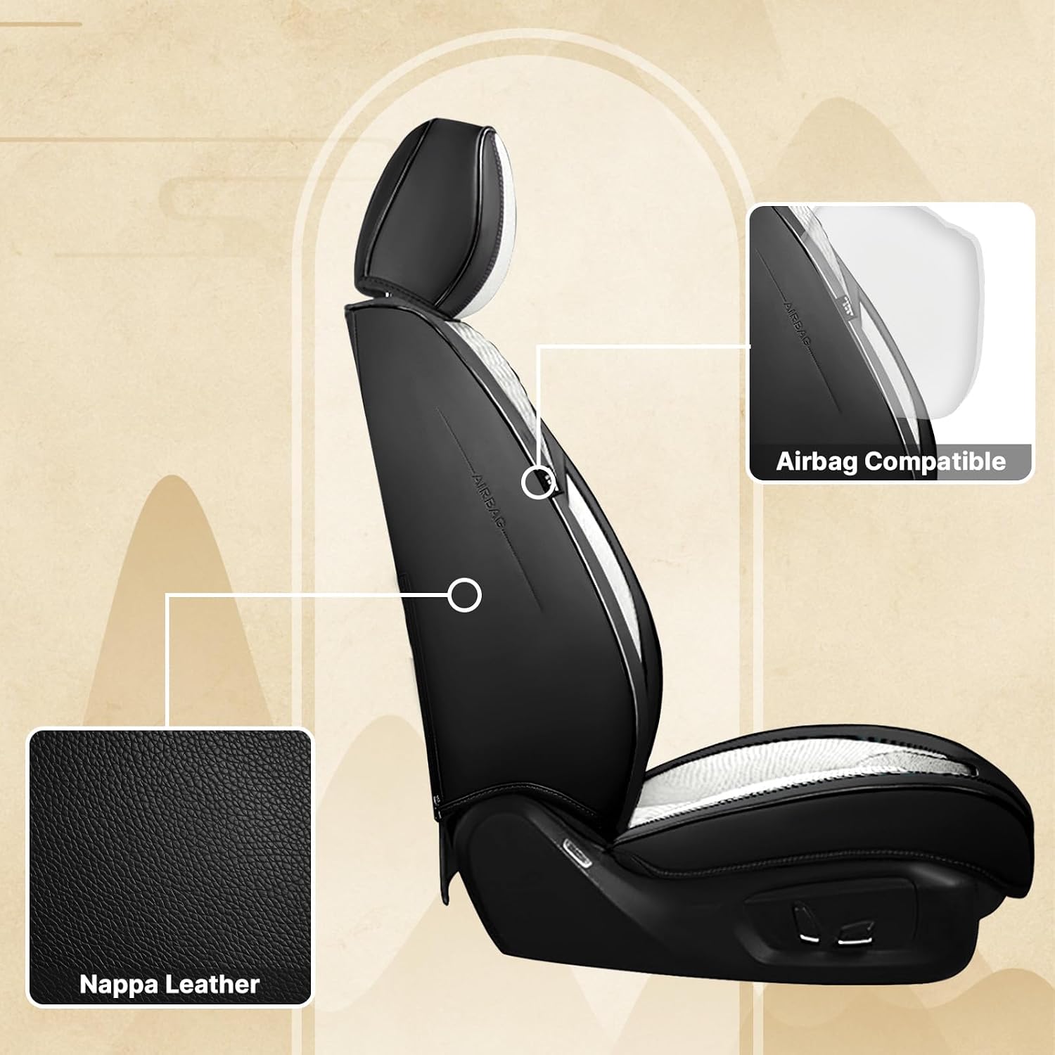 Fit for Chevy Silverado 1500/2500/3500 2007-2026 Seat Covers, Fashion Sport Seat Cover with Waterproof Leather, Airbag Safe Design Seat Protector (2 Front Seat Standard, Black White)