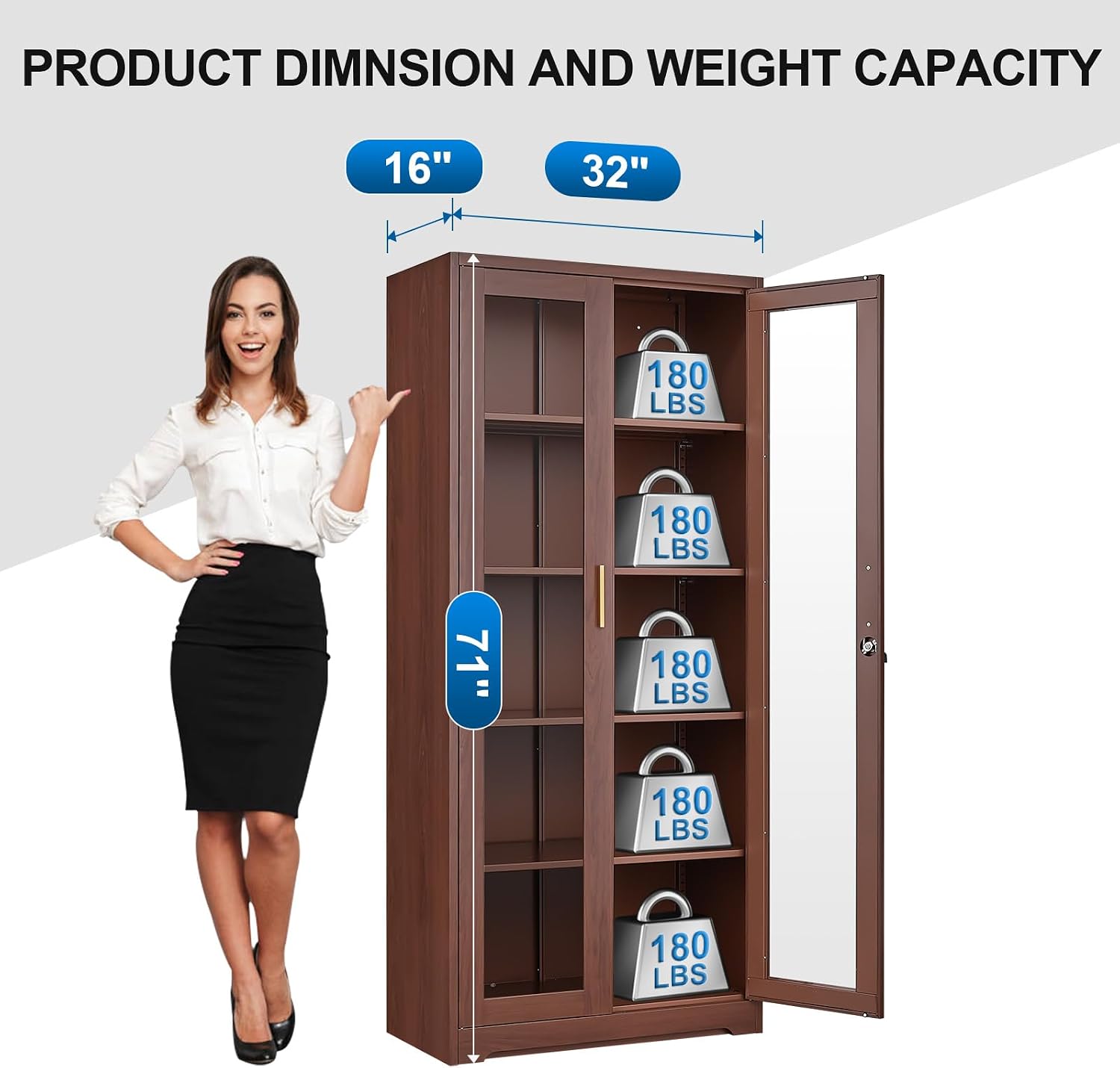 Polup Glass Display Cabinet, Display Case with Glass Doors and Shelves, Metal Curio Cabinets with Locking, 71' Tall Bookcase with Glass Doors for Home, School, Clinic (Wood Color)- Assemble Required