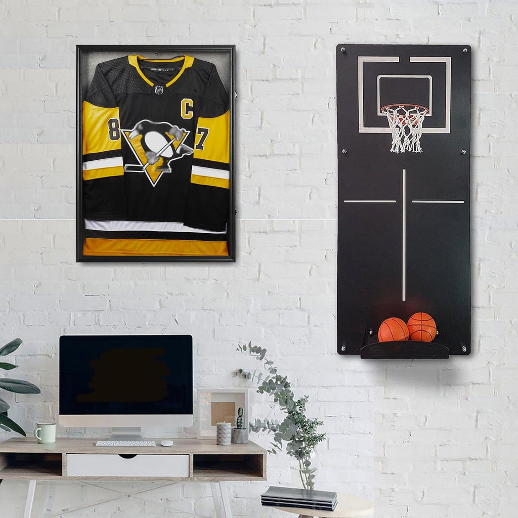 Large Jersey Frame Display Case, 26x37 Lockable Shadow Box Sports Jersey Frame with UV Protection Acrylic and Metal Hanger for Baseball Basketball Football Soccer Hockey XXL Shirt, Linen Black