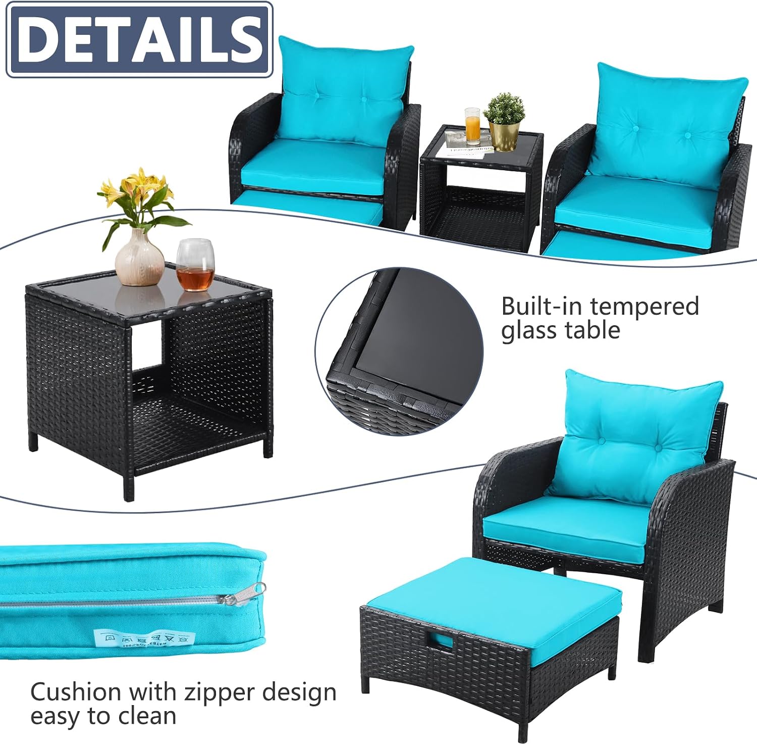 5 Piece Outdoor Chairs with Ottoman Underneath, Wicker Patio Furniture Set with Ottomans, Outdoor Conversation Set Bistro Chairs for Patio Porch Backyard Balcony, Lakeblue