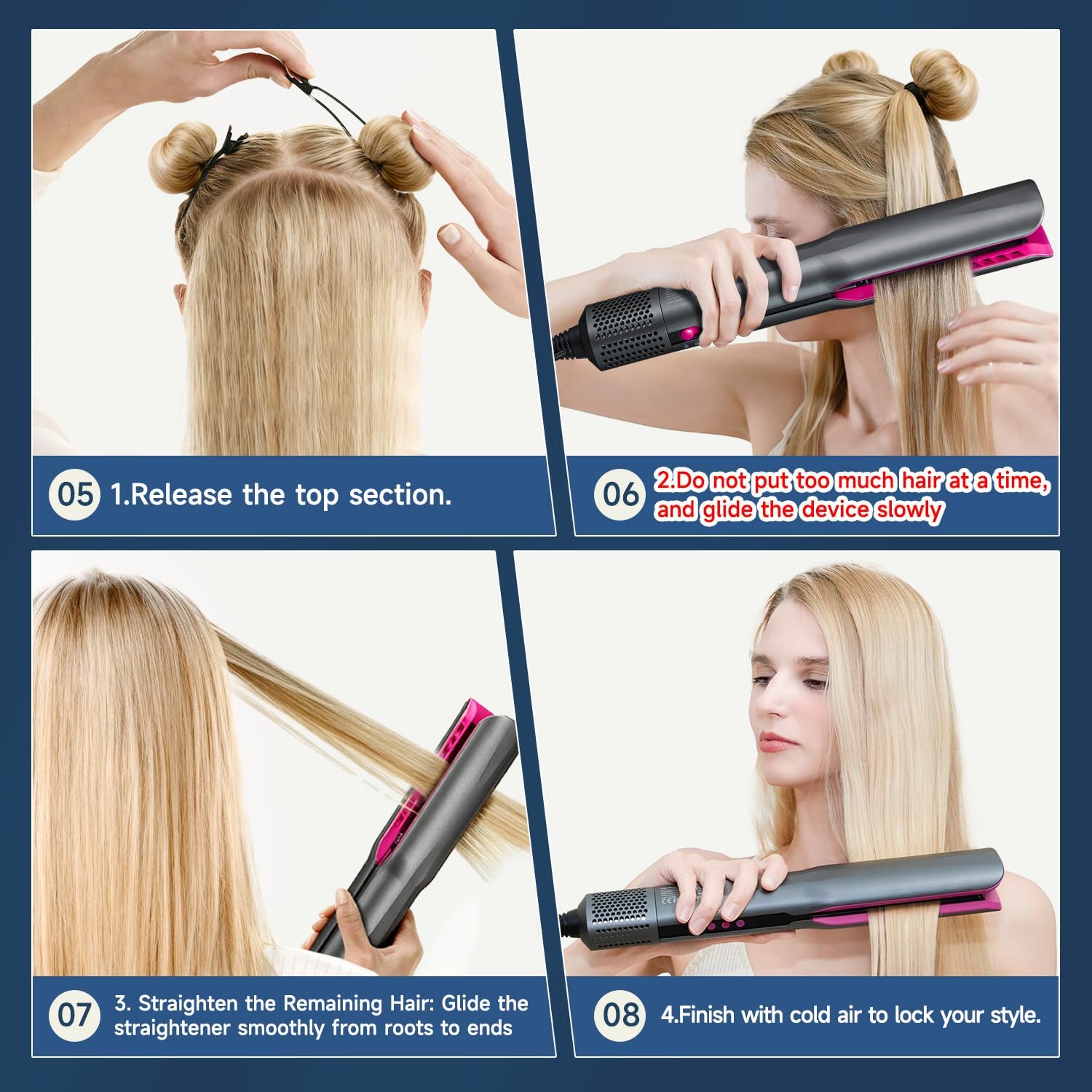 Hair Straightener – 2 in 1 Wet to Dry Air Straightener with High-Speed Ionic Airflow, Straightens Using air, No Heat Damage, Smart Temperature Control for Medium to Long Hair (35-75cm) (Gray)