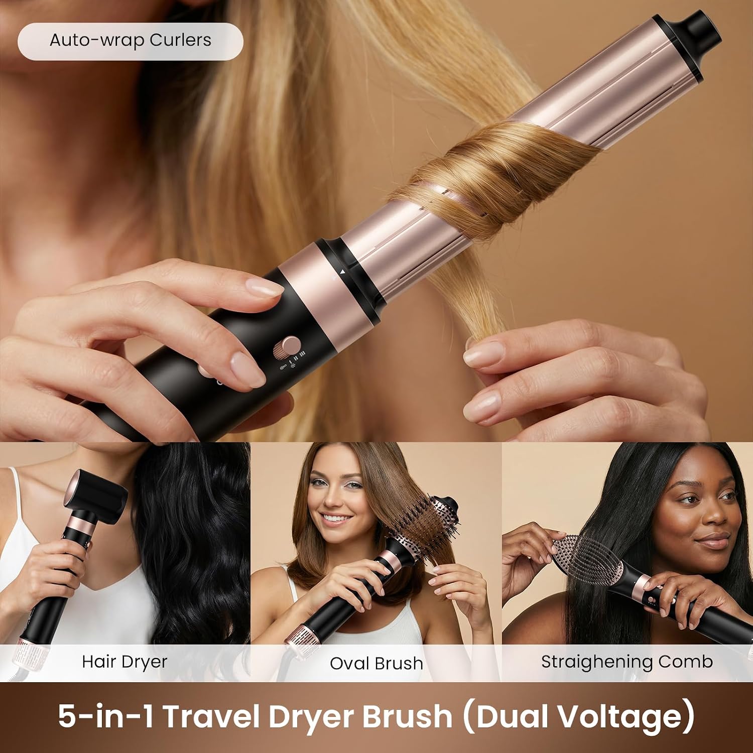MESCOMB Dual Voltage Hair Dryer Brush - 5 in 1 Hot Air Styler Wrap with Auto Wrap Curlers, Fast Drying, Straightening & Volumizing, 100V–240V Global Travel with Storage Bag-Black