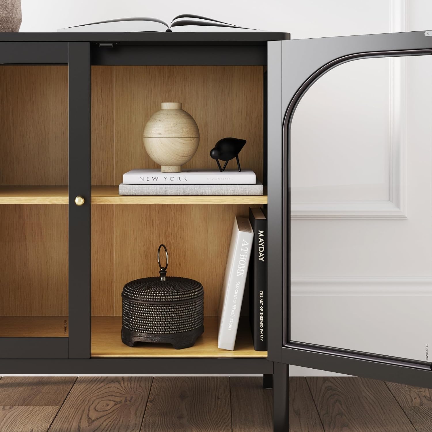 Nathan James Mason Storage Cabinet Accent Sideboard Buffet Credenza TV Stand with Glass Doors and Adjustable Shelf in Black Wood for Dining Room, Entryway and Living Room, Clear Glass/Black, Set of 4