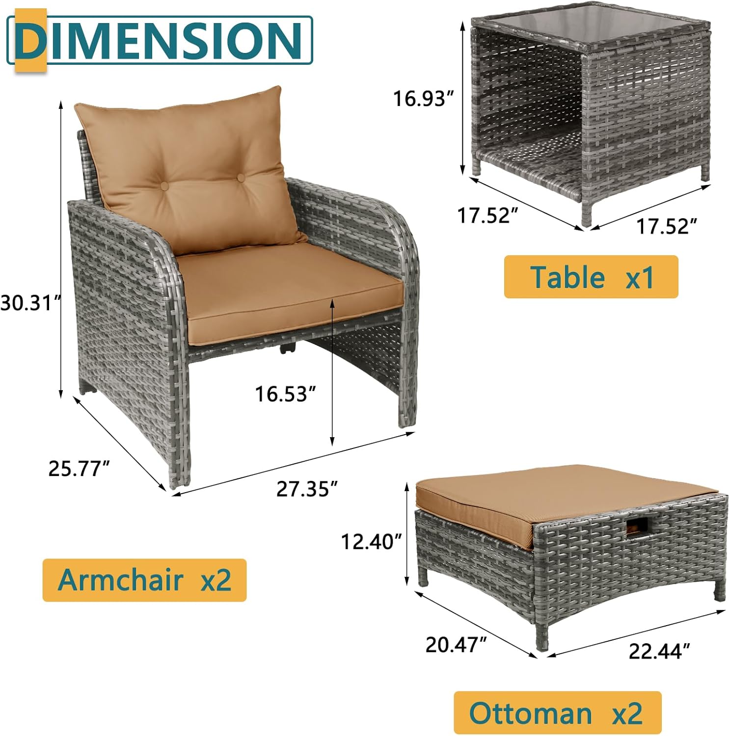 5 Pieces PE Wicker Outdoor Chairs with Ottomans, 5 PCS Rattan Patio Furniture Set with Ottoman, Patio Chairs with Ottomans for Porch Balcony Sunroom, Brown Cushion