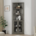 AMERLIFE Curved Corner Storage Cabinet, 65' Tall Freestanding Bookcase with Glass Doors & Adjustable Shelves, 5-Tier Corner Display Cabinet for Living Room, Bathroom, Laundry Room, Washed Grey