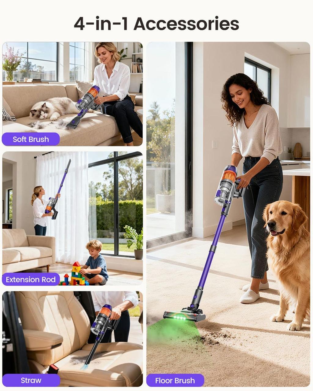 Cordless Vacuum Cleaner,500W 40KPa 120Mins Runtime with 2 Batteries,Anti-Tangle Stick Vacuum with Green Light,Rechargeable Wireless Vacuum for Pet Hair/Carpet/Hardwood Floor,Purple