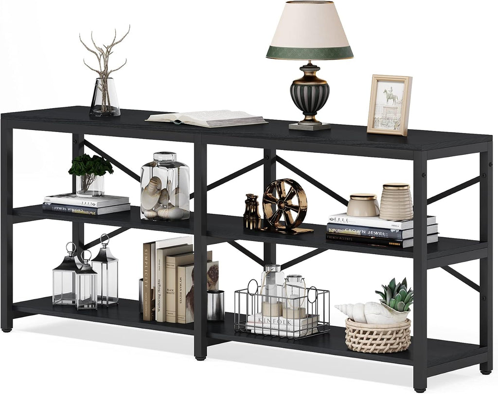 Tribesigns 70.9 Inch Extra Long Console Table, Modern Sofa Table Behind Couch Table with Storage Shelves, 3-Tier Industrial Hallway Entryway Table for Living Room, 3 Shelf Bookshelf(Black)
