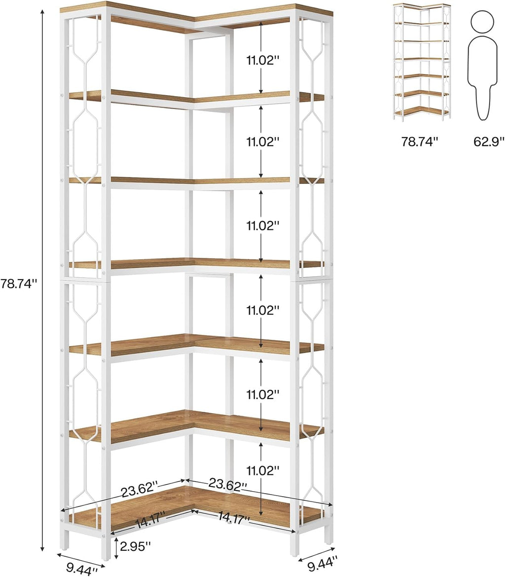 Tribesigns Corner Shelf, 7-Tier Industrial Corner Bookshelf, Wood and Metal Corner Etagere Bookcase, Freestanding Display Shelf for Living Room, Kitchen, Home Office, White and Walnut