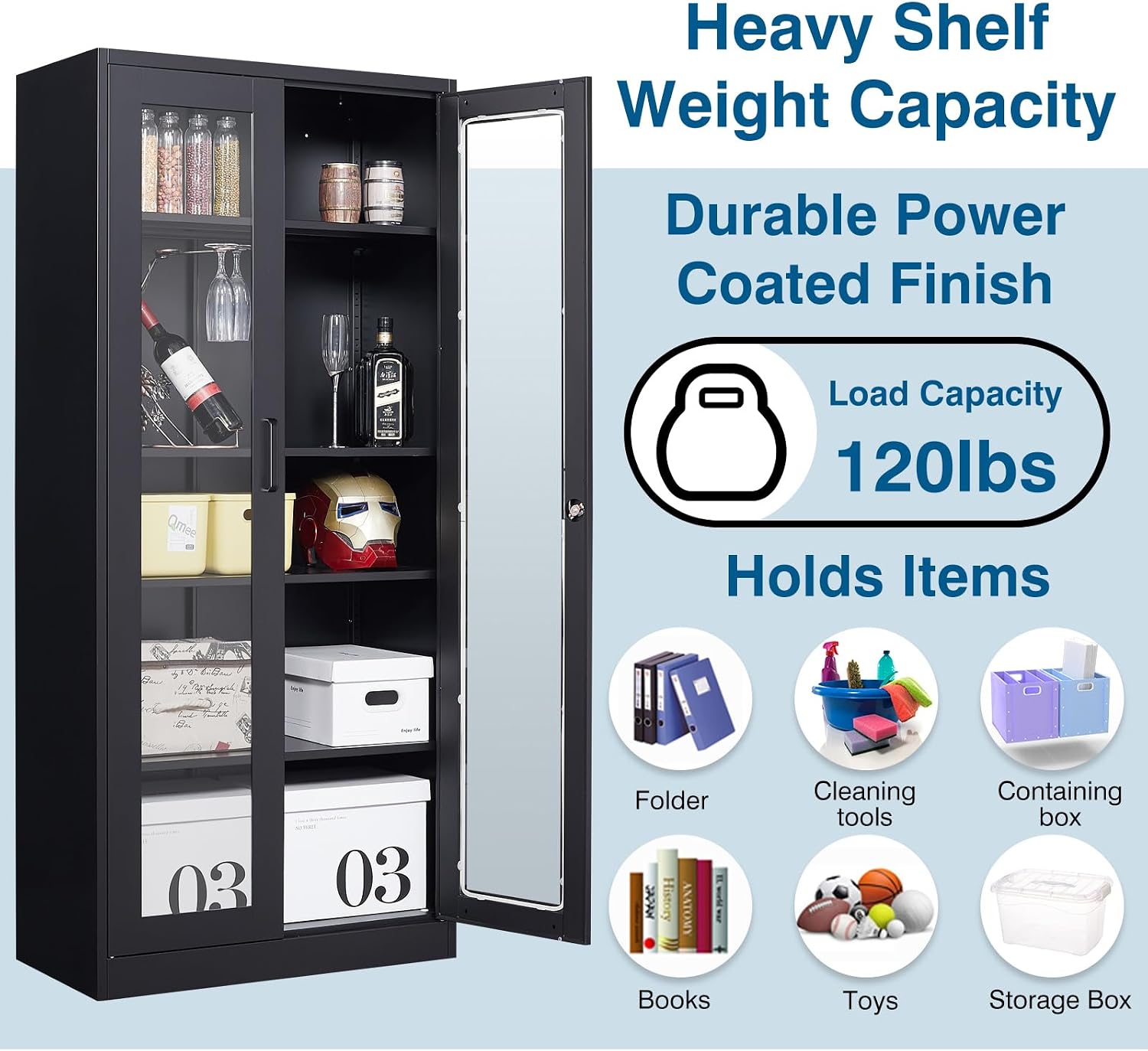 PEUKC Display Cabinet with Glass Doors, 71 Inches Metal Curio Storage Cabinets with 4 Adjustable Shelves, Locking Glass Cabinet Display Case for Home, Office, Clinic, Pantry (Black)