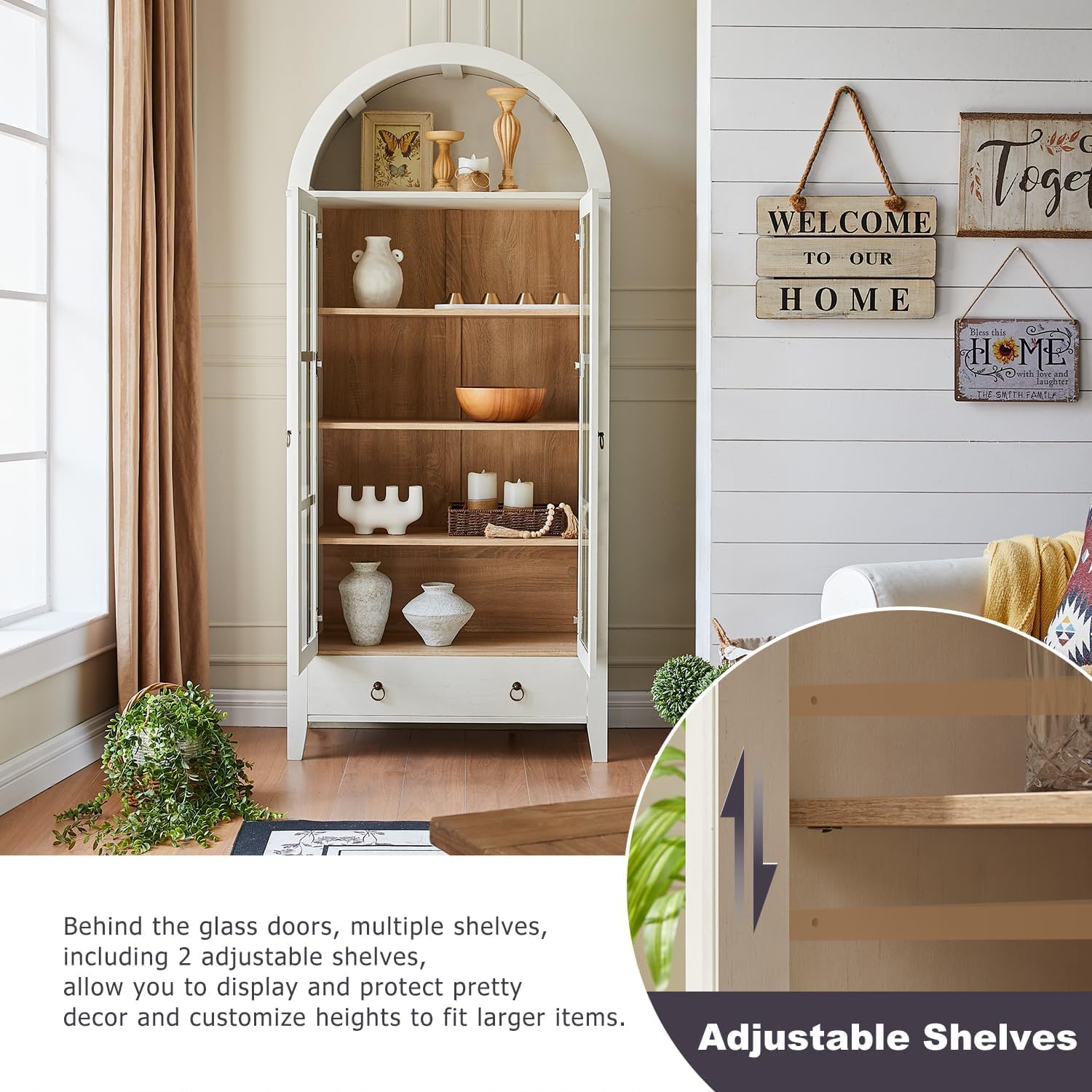 70' Tall Arched Cabinet, Modern Farmhouse Wooden Display Cabinet with Glass Doors, 6 Tier Bookshelf with Adjustable Shelves for Living Room, Office, Antique White