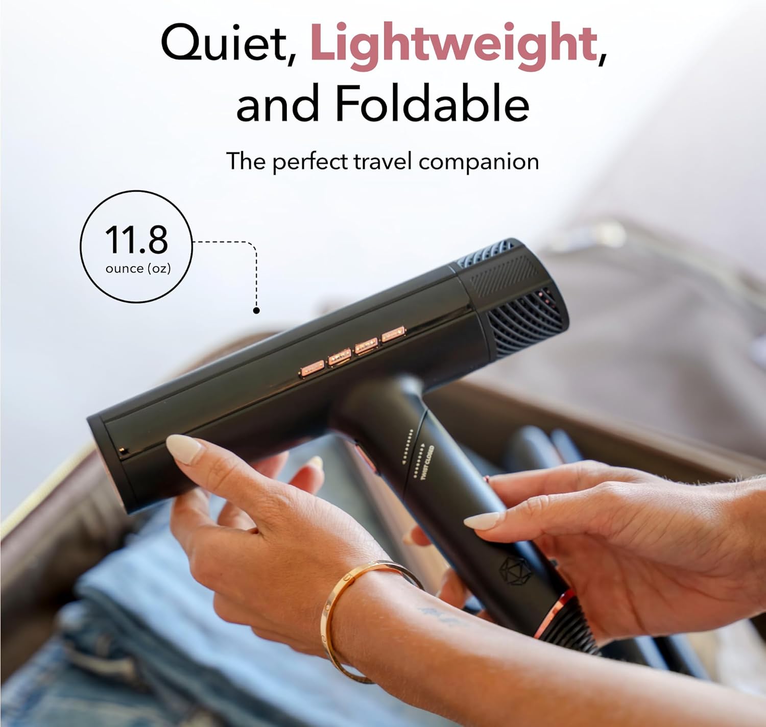SRILabs DryQ 'Smart' Hair Dryer - Super Lightweight, Foldable - Powerful, Quiet Motor - Infrared and Ionic Technology - 3 Magnetic Attachments - Heat Control with Locking Switch