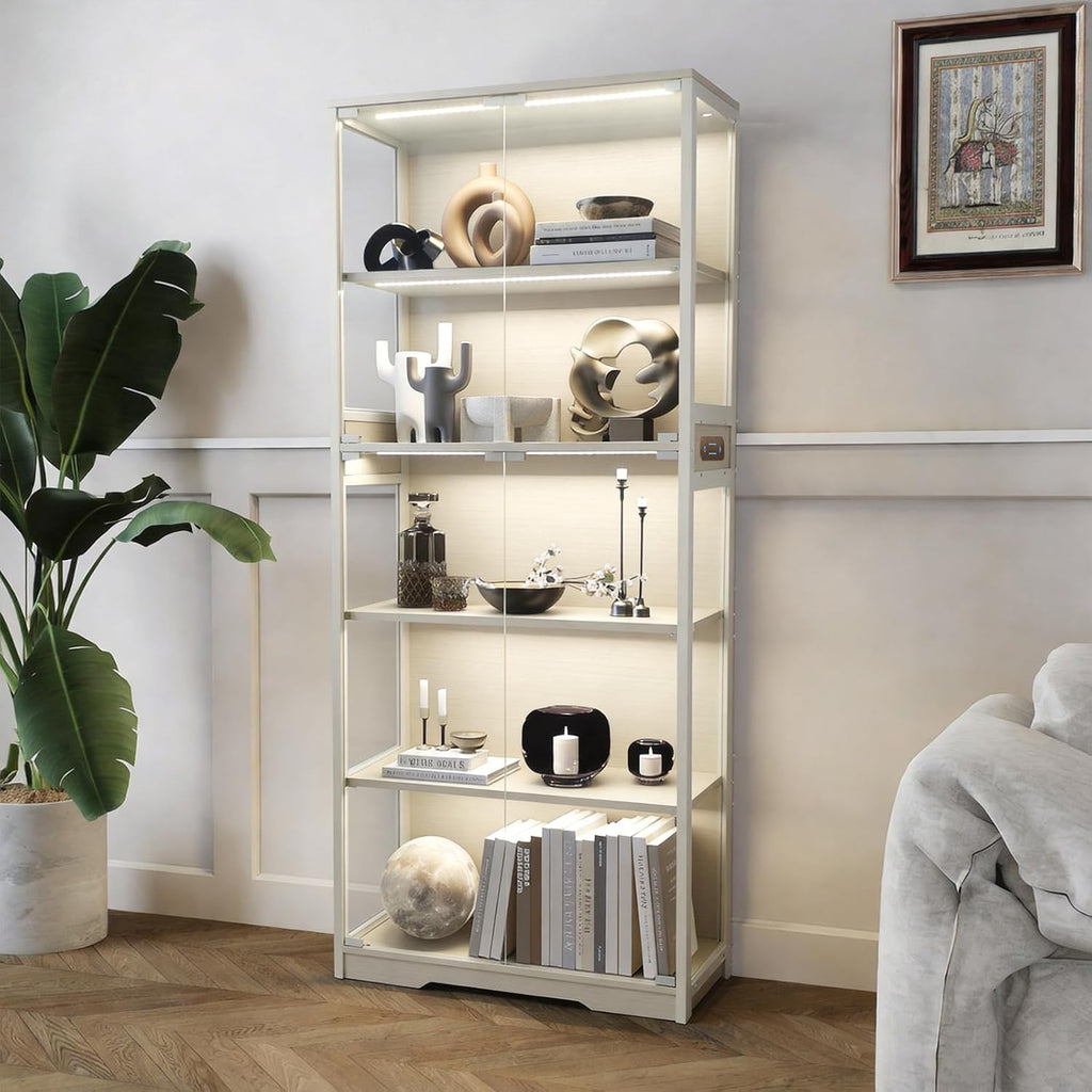 Glass Display Cabinet, 5-Tier Curio Cabinet with Glass Doors, Dimming LED Lights & Motion Sensor, for Collectible Figures, Living Room, Bedroom, or Office (Iron Frame Beige)