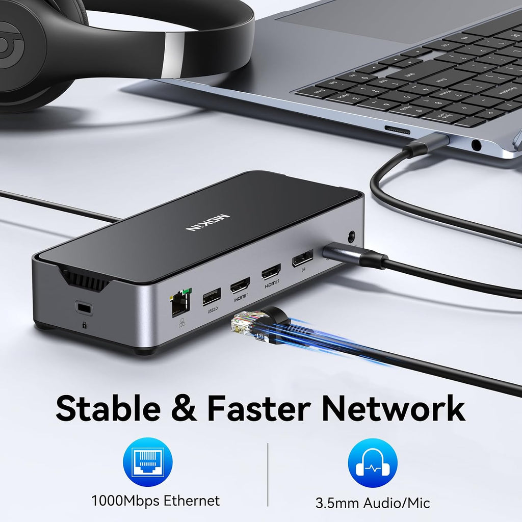 USB C Docking Station 3 Monitors Laptop USB C Dock Dual Monitor with 2 HDMI DisplayPort 4K144Hz,USB A 2.0/3.0,USBC 3.1 10Gbps&30W Output,Ethernet,microSD&SD,Audio&Mic,150W DC Power for Dell/Lenovo/HP