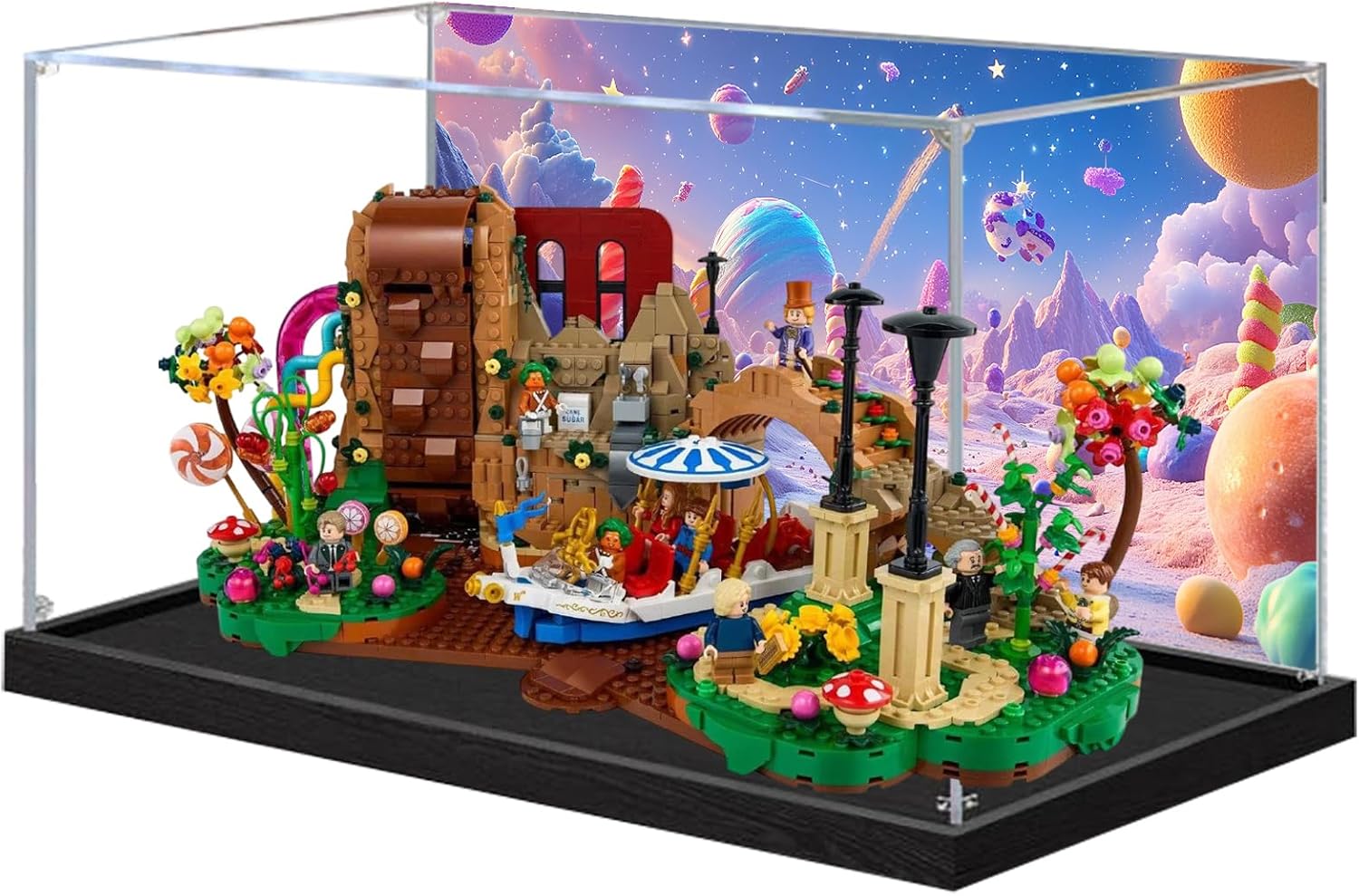 Acrylic Display Case for Lego 21360 Chocolate Factory Building Set– Dustproof Display Box & Showcase, Display Box Compatible with Lego 21360 -Only Display case (Back Spray Black Base)