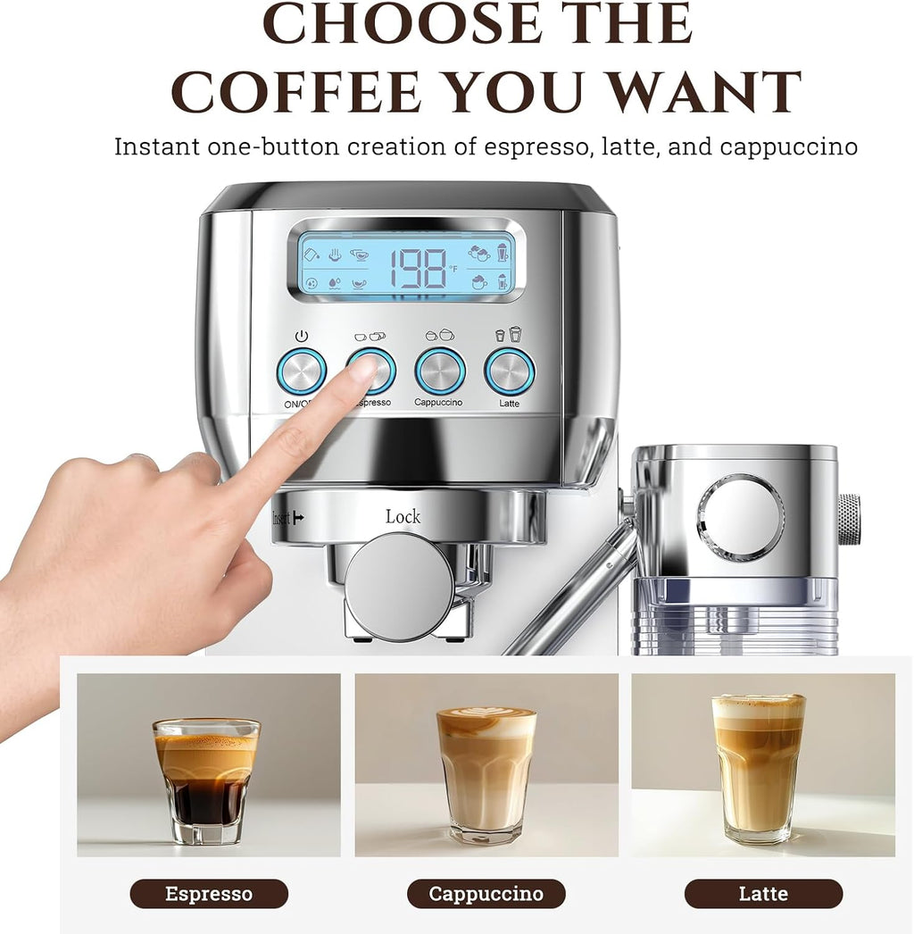 AMZCHEF Espresso Machine with Upgraded Automatic Milk Frother, 20 Bar Cappuccino Machines with LCD Display for Home Gifts, Latte Coffee Maker with Dual Wall & Filters, Sliver