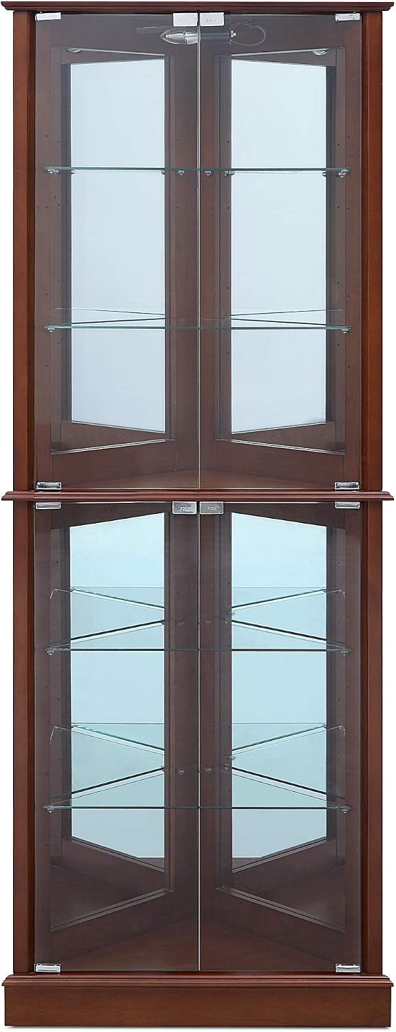 BELLEZE Lighted Corner Display Curio Cabinet Wooden Shelving Unit with Tempered Glass Door, Bar and Liquor Storage Area with 6 Shelves - Woody (Walnut)