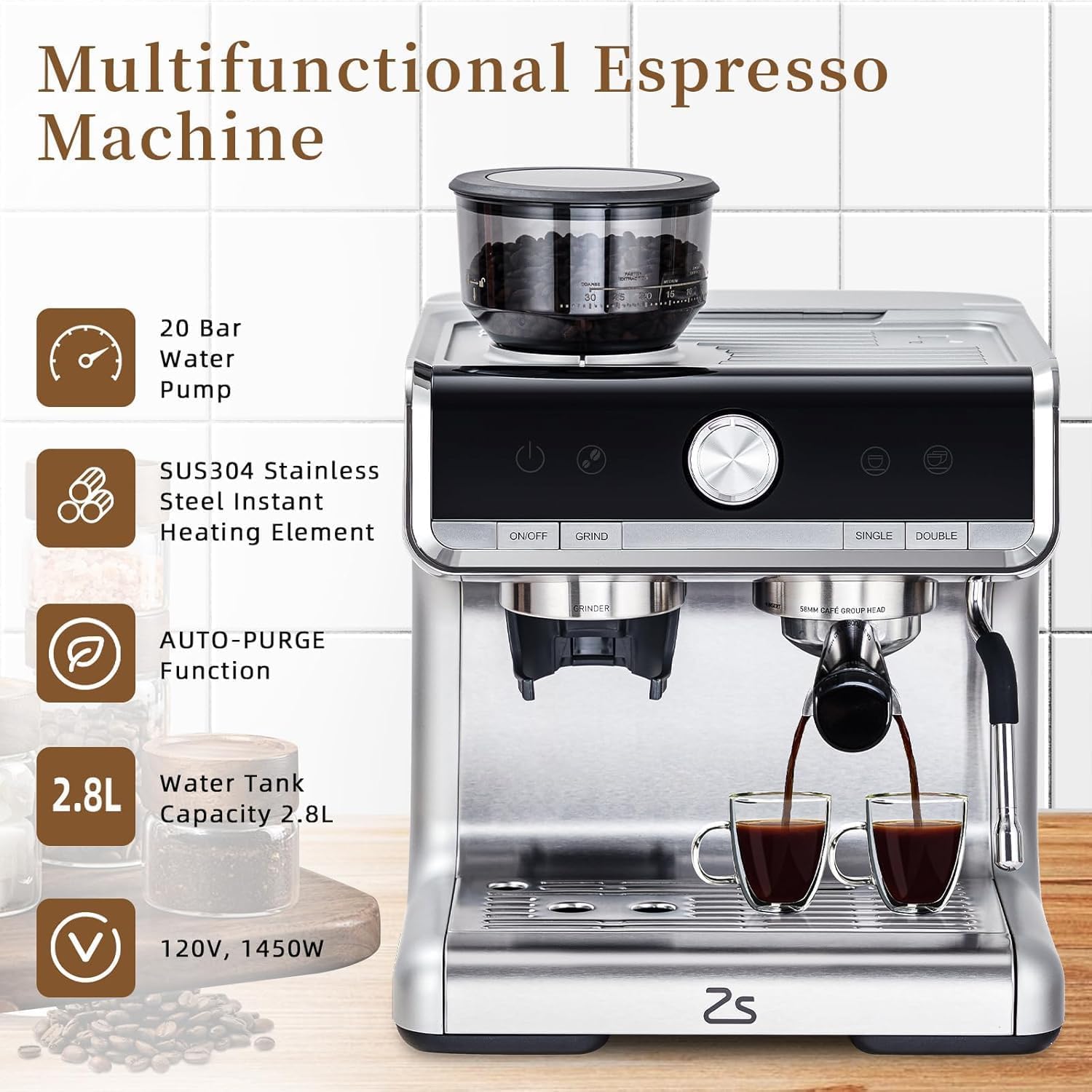 Espresso Machine, 20 Bar Semi-Automatic Espresso Coffee Maker With Steamer Wand for Cappuccino, Latte, 95-Ounce Water Tank