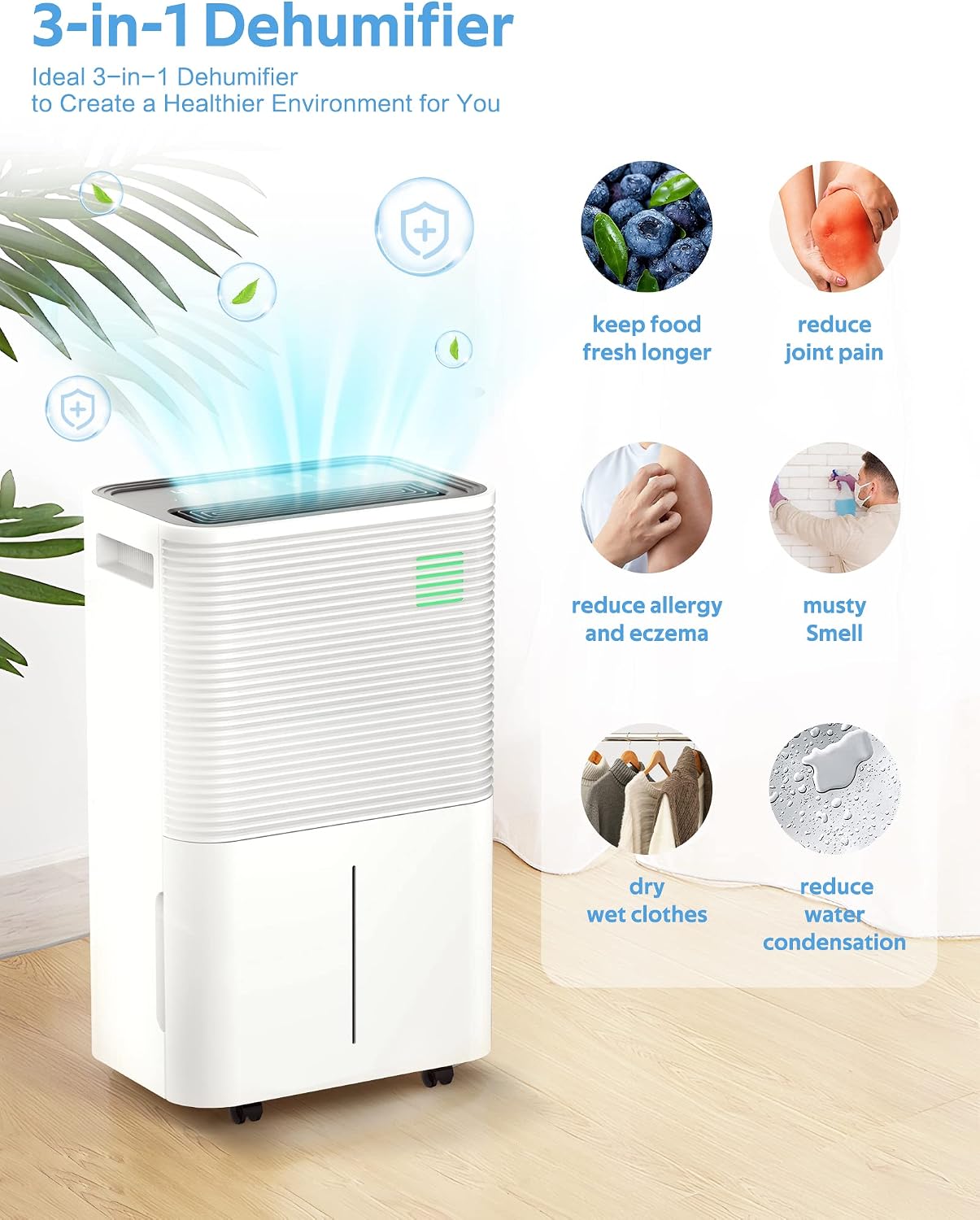 ZAFRO Dehumidifiers for Home, Bathroom, Bedroom, 45 Pints (50 Pint Under 90°F/90% RH) Dehumidifier with Auto Defrost, 4L Water Tank, 3 Colors LED Light, White