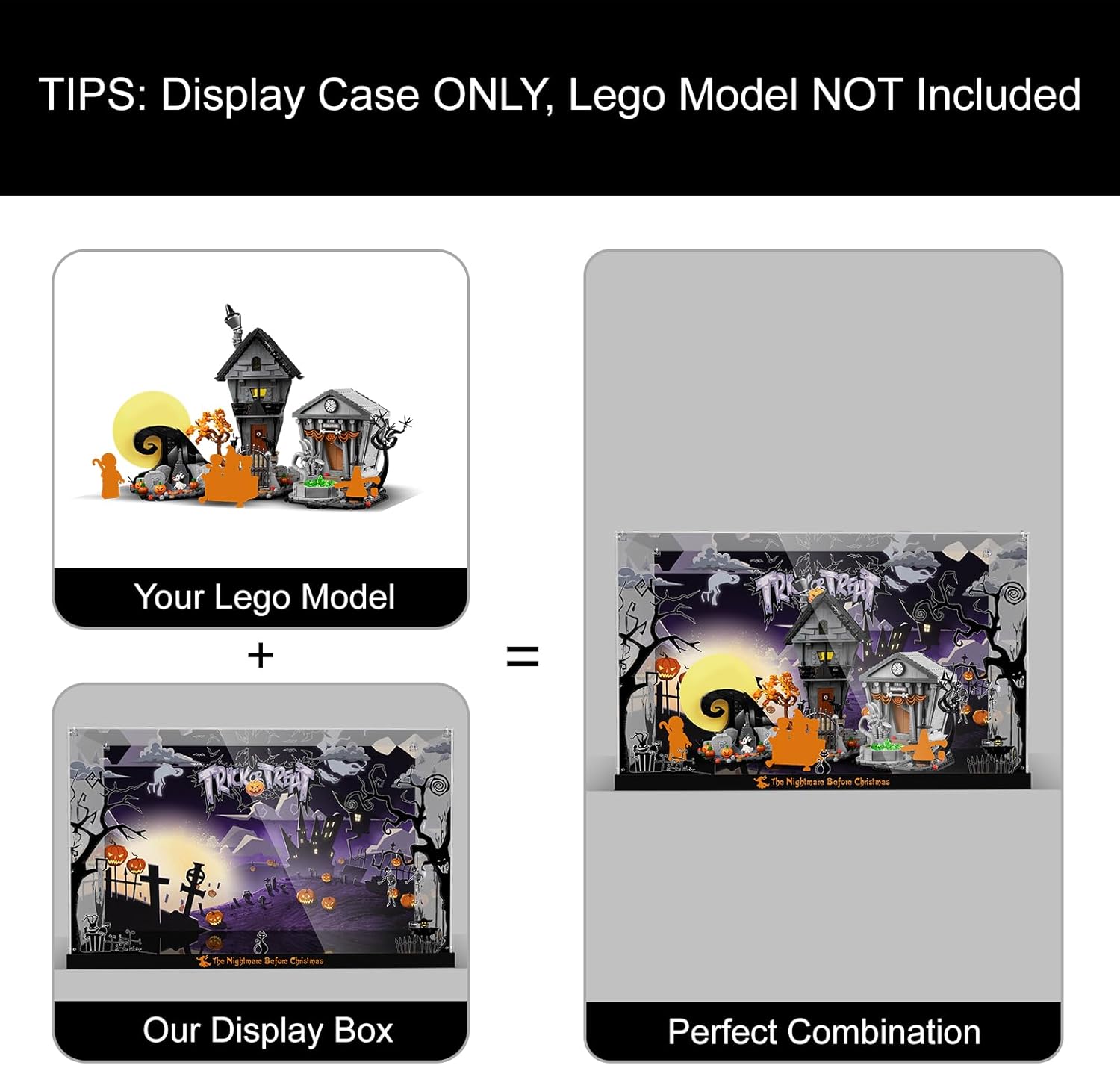 Display Case for 21351 Lego Disney Tim Burton's The Nightmare Before Christmas Building Set - Acrylic Box with Crystal Nut Design & Printed Background (Case Only, Model Not Included)