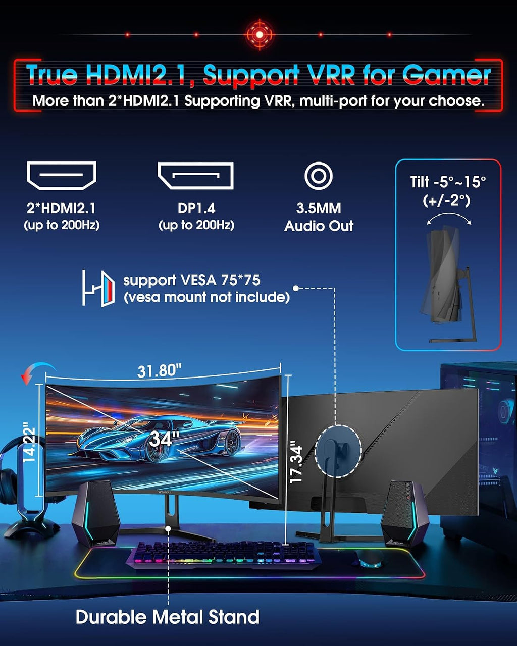 SANSUI 34 Inch UWQHD 200HZ Curved Gaming Monitor, FastVA 3440x1440P Ultrawide 1500R Curved Gaming Computer Monitor 21:9 with PIP PBP, AI Tech Enhance, 2xHDMI2.1 DP1.4 Ports(HDMI2.1 Cable Incl.)
