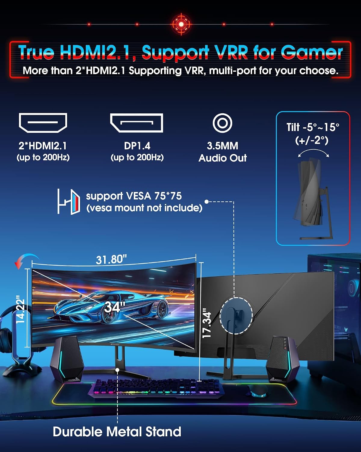 SANSUI 34 Inch UWQHD 200HZ Curved Gaming Monitor, FastVA 3440x1440P Ultrawide 1500R Curved Gaming Computer Monitor 21:9 with PIP PBP, AI Tech Enhance, 2xHDMI2.1 DP1.4 Ports(HDMI2.1 Cable Incl.)