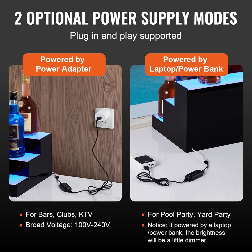 VEVOR LED Lighted Liquor Bottle Display Shelf, 3 Tiers 60 Inches, Supports USB, Illuminated Home Bar Shelf with RF Remote & App Control 7 Static Colors 1-4 H Timing, Acrylic Light Shelf