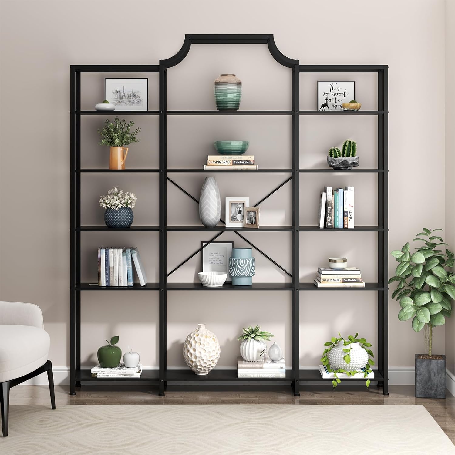 Auromie Triple Wide 5-Tier Bookshelf, 70.87' L x 79.13' H Extra Large Bookcase, Tall Open Etagere Display Shelf with Metal Frame, Freestanding Modern Storage Shelves for Home Office (Black)