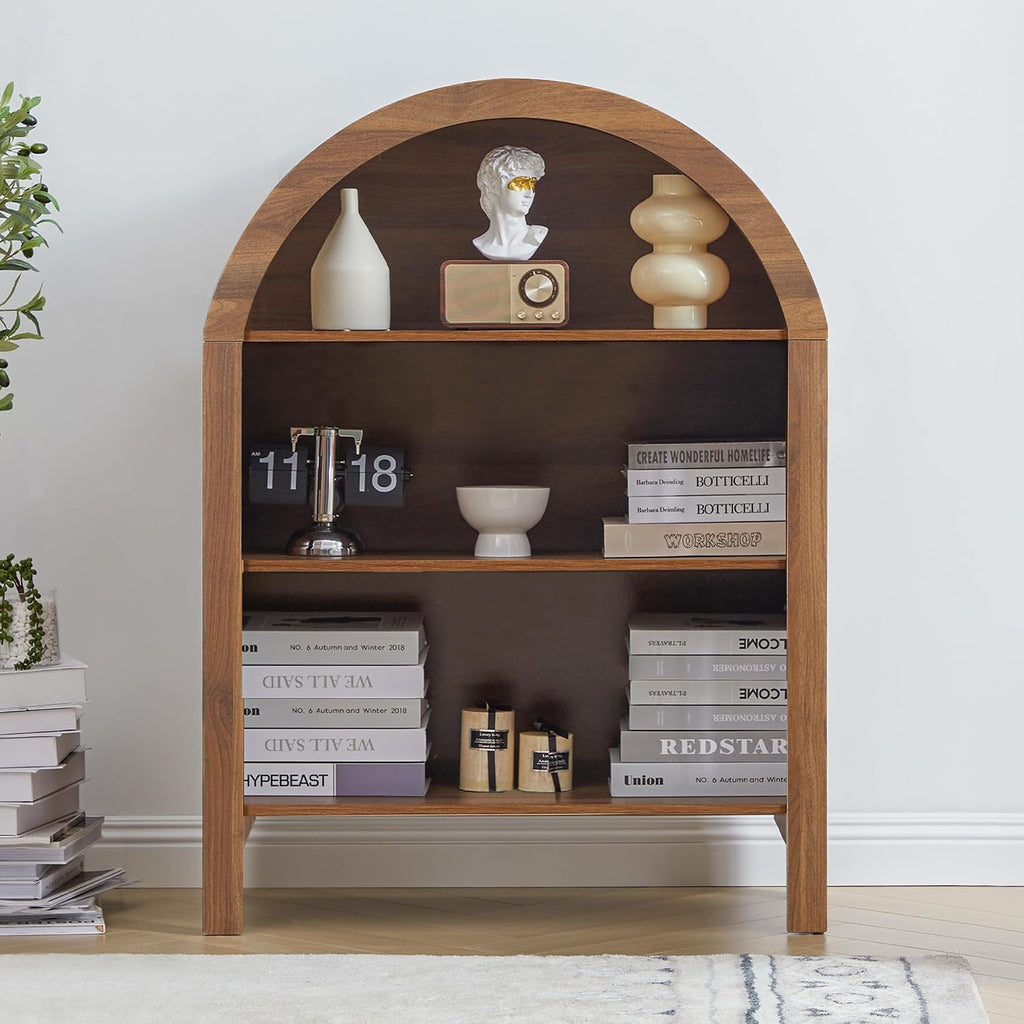 Janmer Home Freestanding Arched Bookcase, Modern 3-Tier Open Bookshelf, Low Short Bookshelf with Adjustable Shelves, Arched Storage Display Cabinet Organizer for Office, Living Room (Walnut, 1pcs)