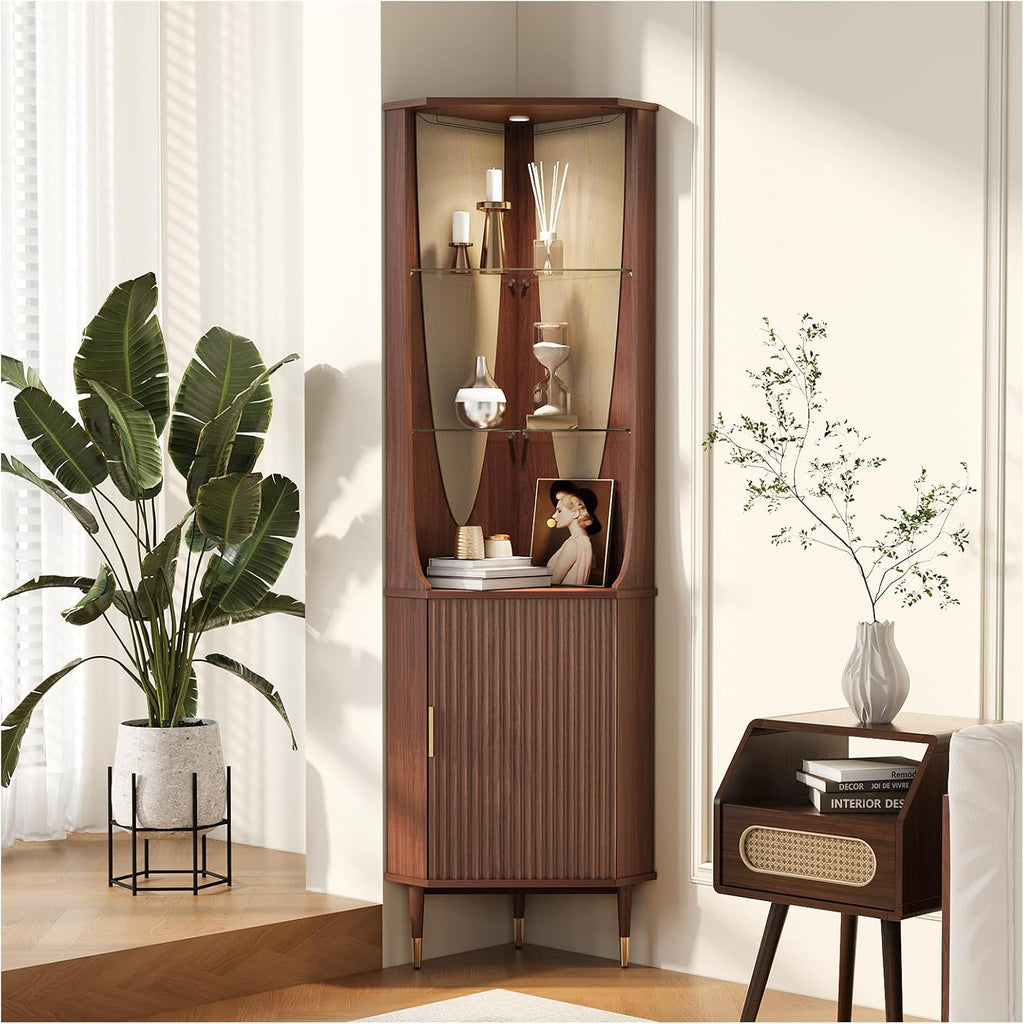 JOINICE 70' Tall Corner Cabinet,Mid Century Modern Cabinet with Doors,Fluted Corner Bar Cabinet with Glass Holder,Lights and Storage Shelves,Wine Bar Cabinet for Liquor, Living Room, Kitchen, Walnut