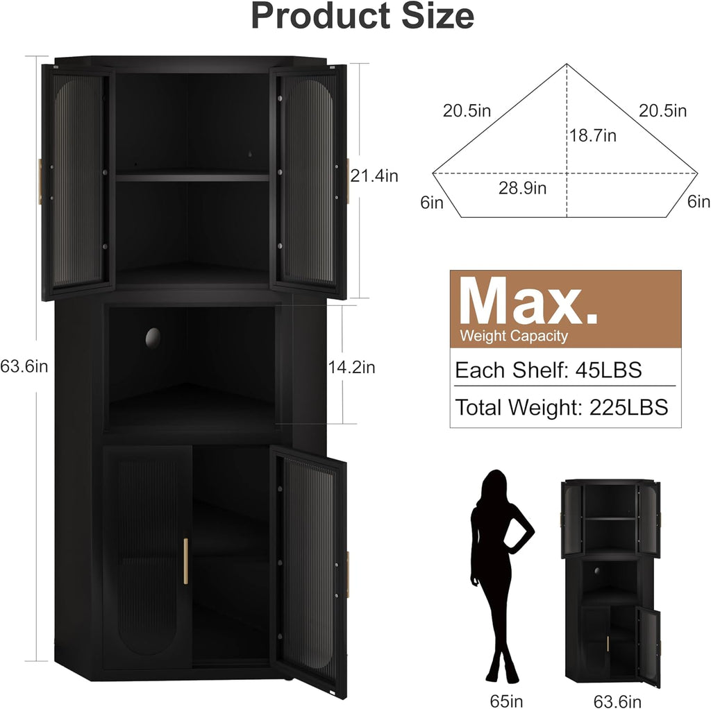 GAIOUS 63.6' Tall Corner Cabinet, Metal Pantry Storage Cabinet with 4 Acrylic Glass Doors & 1 Open Bar Shelf, Farmhouse Corner Cupboard for Kitchen Bathroom Living Room Bedroom Hallways (Black)