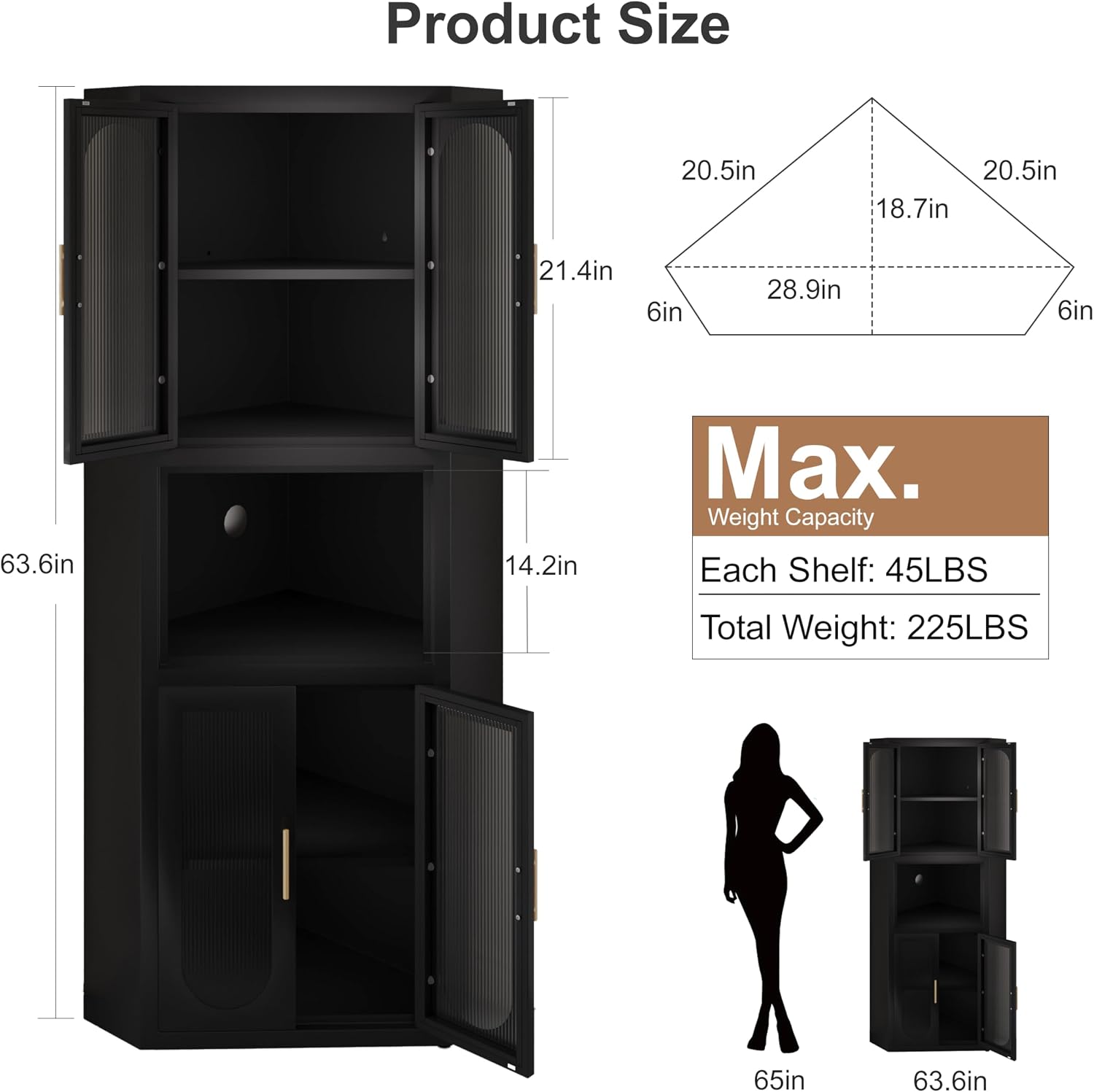 GAIOUS 63.6' Tall Corner Cabinet, Metal Pantry Storage Cabinet with 4 Acrylic Glass Doors & 1 Open Bar Shelf, Farmhouse Corner Cupboard for Kitchen Bathroom Living Room Bedroom Hallways (Black)