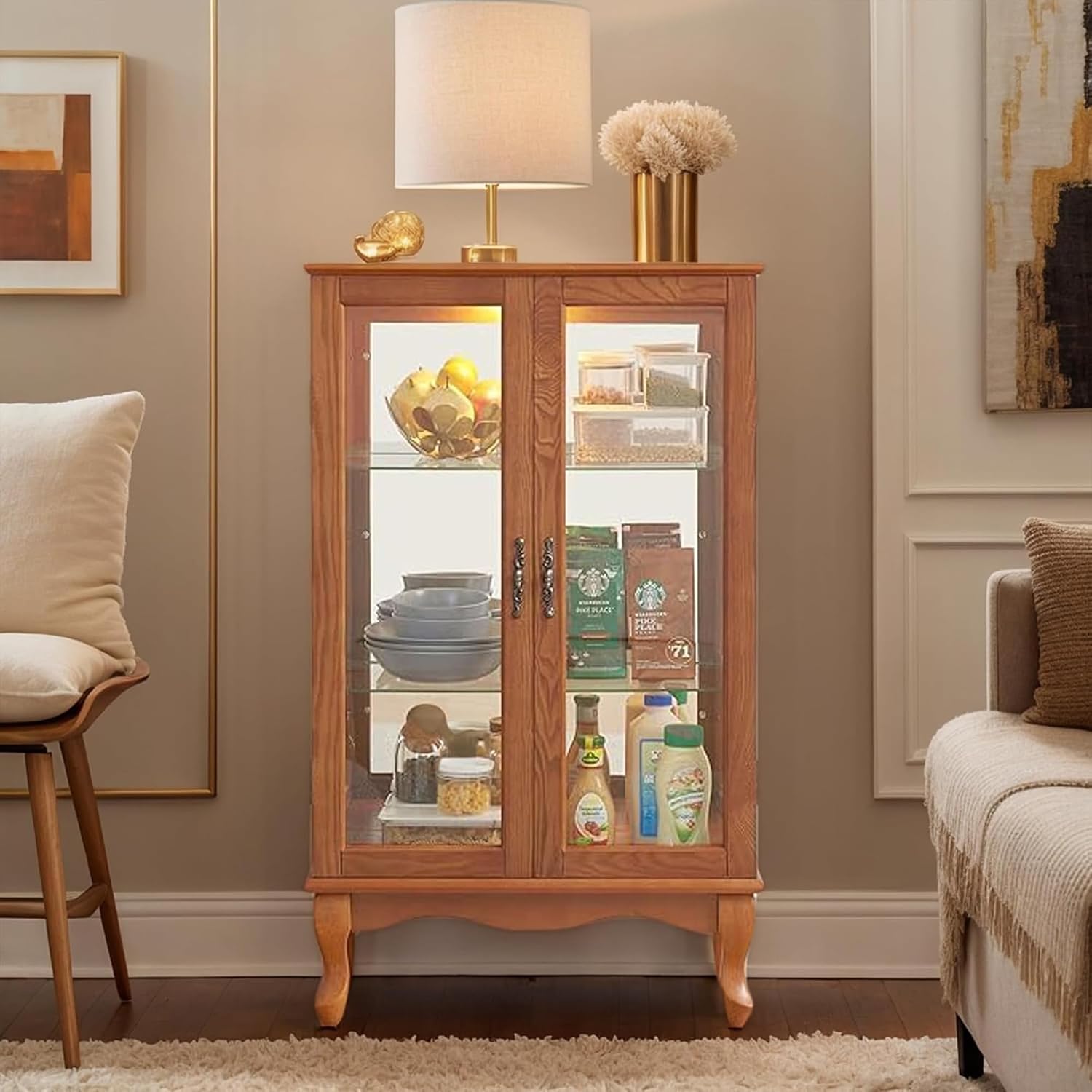 43' H Lighted Display Curio Cabinet, 3-Tier Glass Accent Storage Cabinet Curio Showcase w/ 2 Doors & Adjustable Shelves, Wine Artwork Storage Rack w/Mirrored Back Panel for Living Room (Oak)