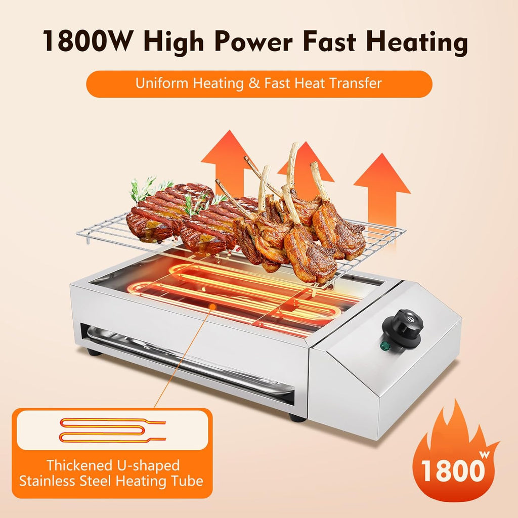 Electric Grill, 1800W Smokeless Indoor Countertop Grill with Adjustable Temperature and Removable Grill Rack, Stainless Steel for Family Gatherings and Camping