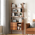 JOINICE, Ladder Bookshelf with Storage Cabinet, Mid Century Modern Wall Mounted Bookcase with Wood and Metal Frame, 6 Tier Open Display Shelves for Living Room, Bedroom, Home Office, Cherry