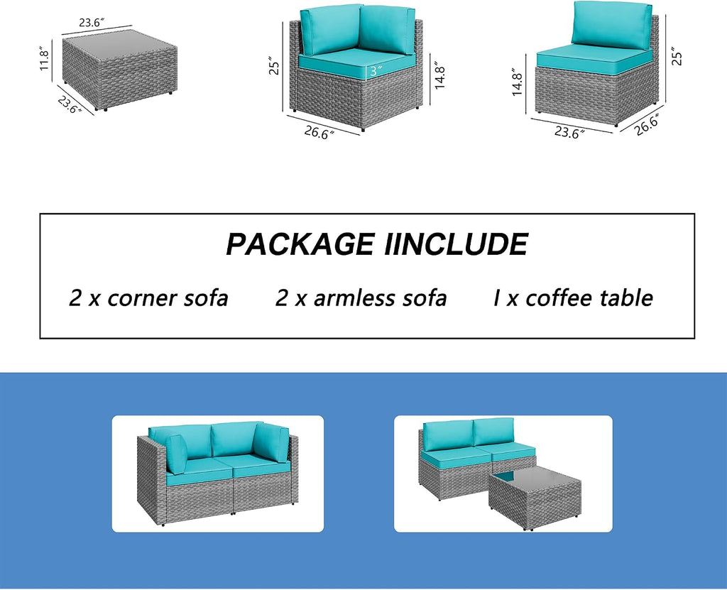 Shintenchi 5 Pieces Outdoor Patio Furniture Sets, Patio Sectional Sofa Couch, Gray PE Wicker Furniture Modular Patio Conversation Sets Patio Sofa with Washable Cushions & Table（Blue）