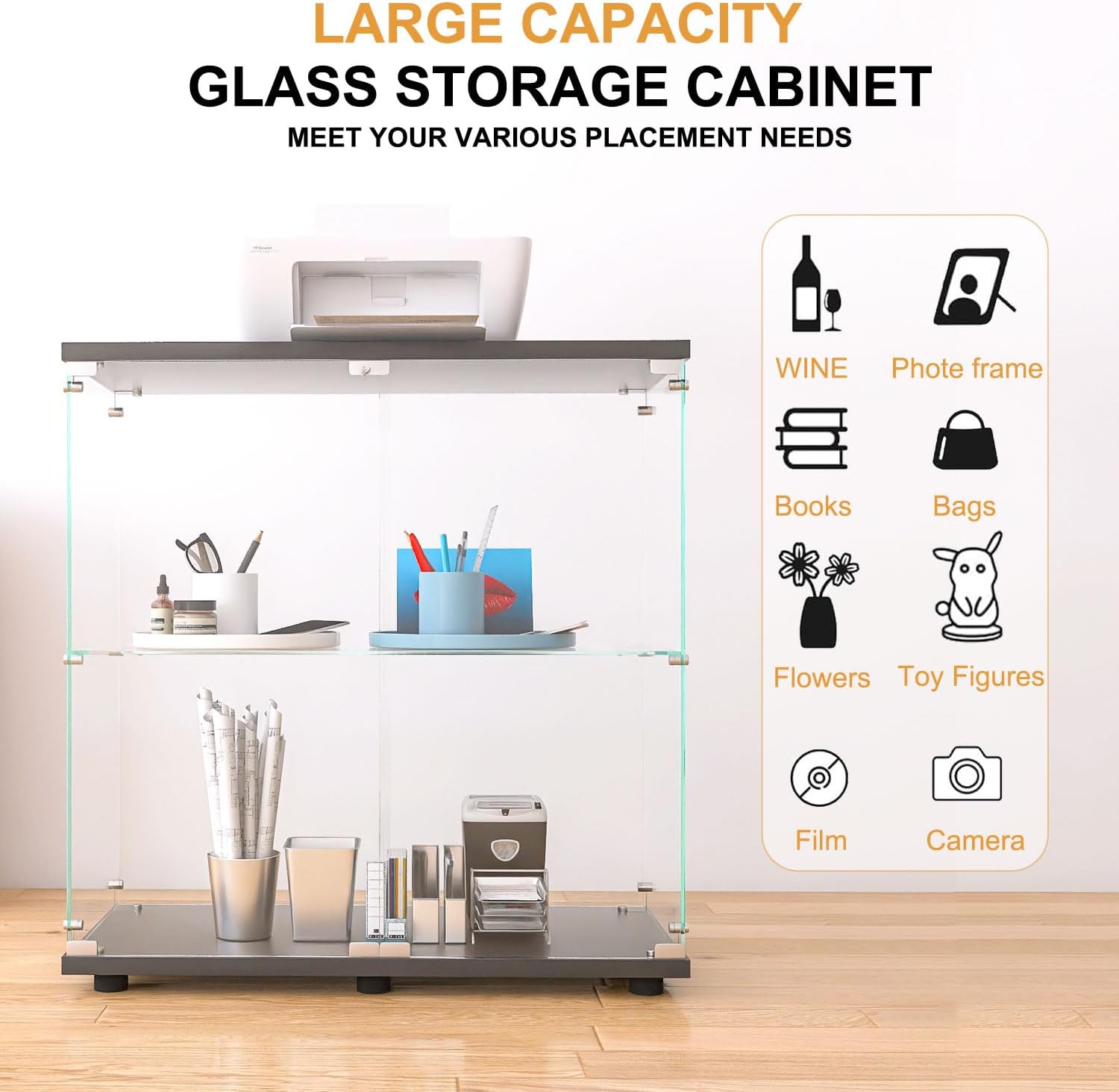 Display Cabinet with Glass Doors, Glass Display Cabinet with Lock, 2-Tier Curio Cabinet&Bookcase for Collectibles, Toys, Books, Glass Storage Cabinet, 32' W x 34' H x 14' D