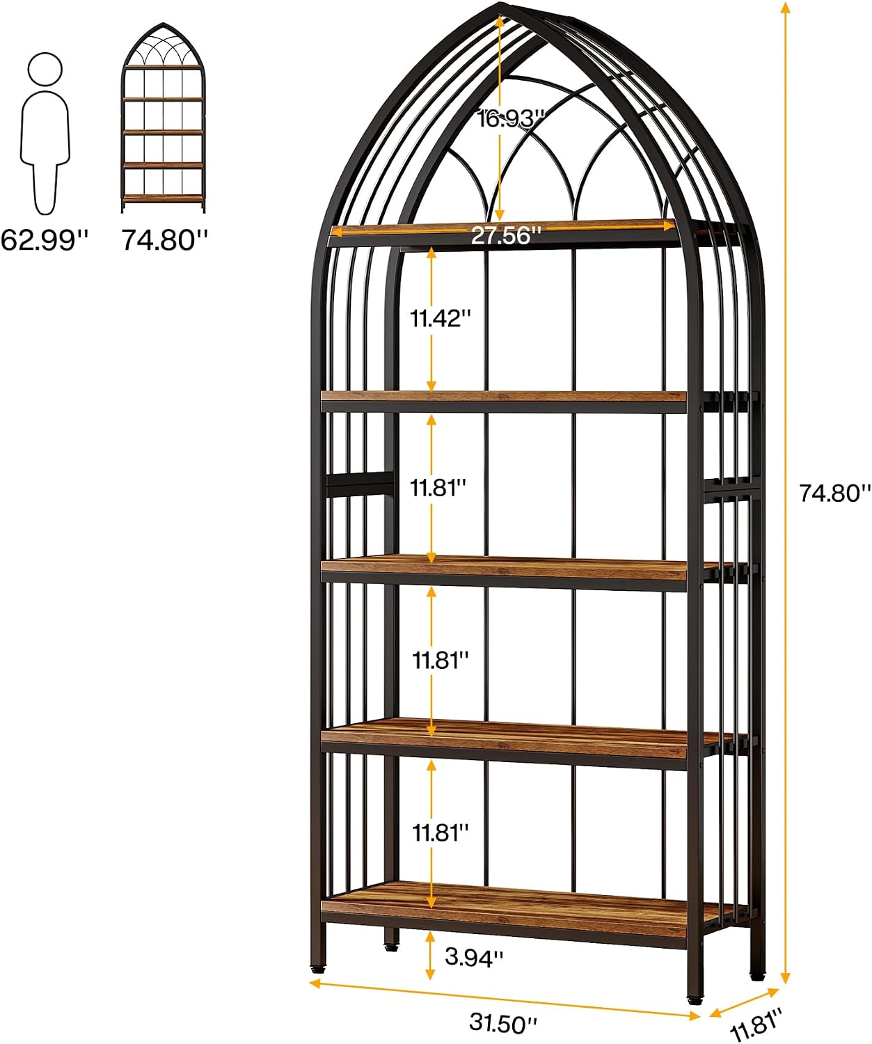 Tribesigns 5-Tier Bookshelf, 74.8-Inch Tall Bookshelf, Industrial Curved Freestanding Display Shelf, Wood Storage Shelves with Metal Frame for Home Office (1, Rustic Brown & Black)