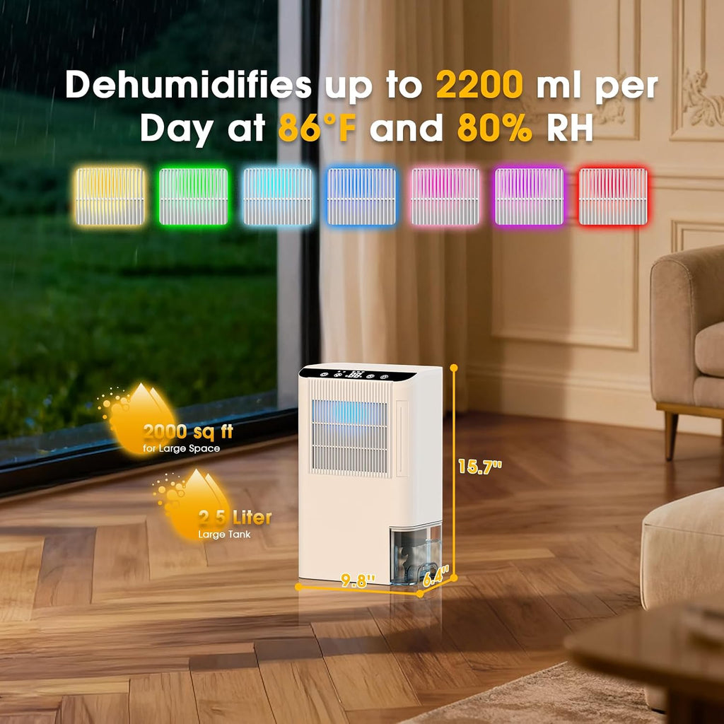 Dehumidifiers for Home, 2000 Sq.Ft Small Dehumidifier with 3.3ft Drain Hose, 2.5L Tank, Timer Sleep Mode, Portable Dehumidifier for Basement, Bedroom, Bathroom (Beige)