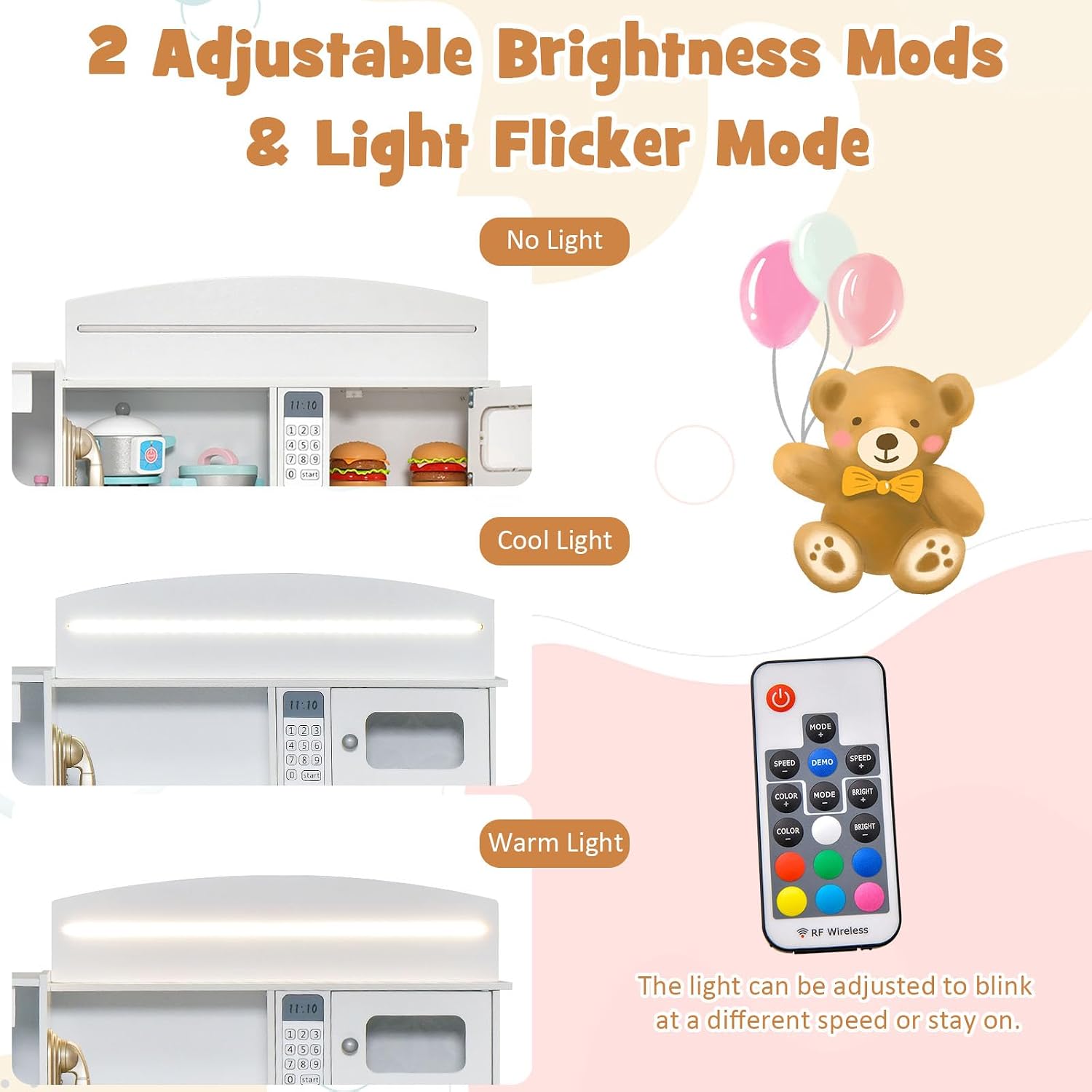INFANS Kids Kitchen Playset with Lights, Toddler Wooden Pretend Cooking Set with Coffee Maker Ice Maker Stove Sink Microwave 2 Storage Bins, Simulation Play Kitchen Toy for Children Boys Girls
