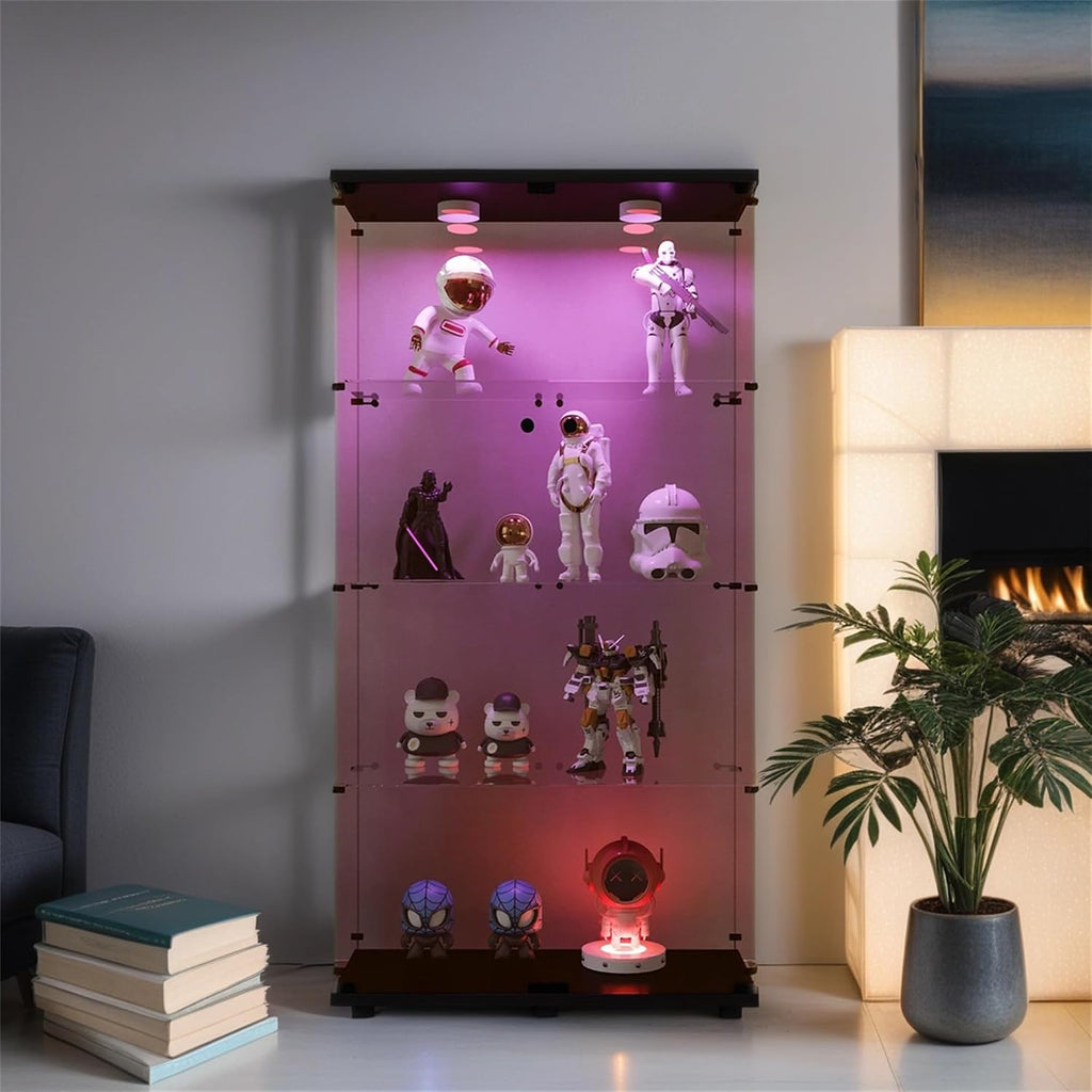 Glass Display Cabinet with Lights and Lock, 4-Tier Display Case Curio Cabinet with Glass Door, Floor Standing Showcase for Living Room Bedroom Home Office 31' W x 14.3' D x 64.5' H