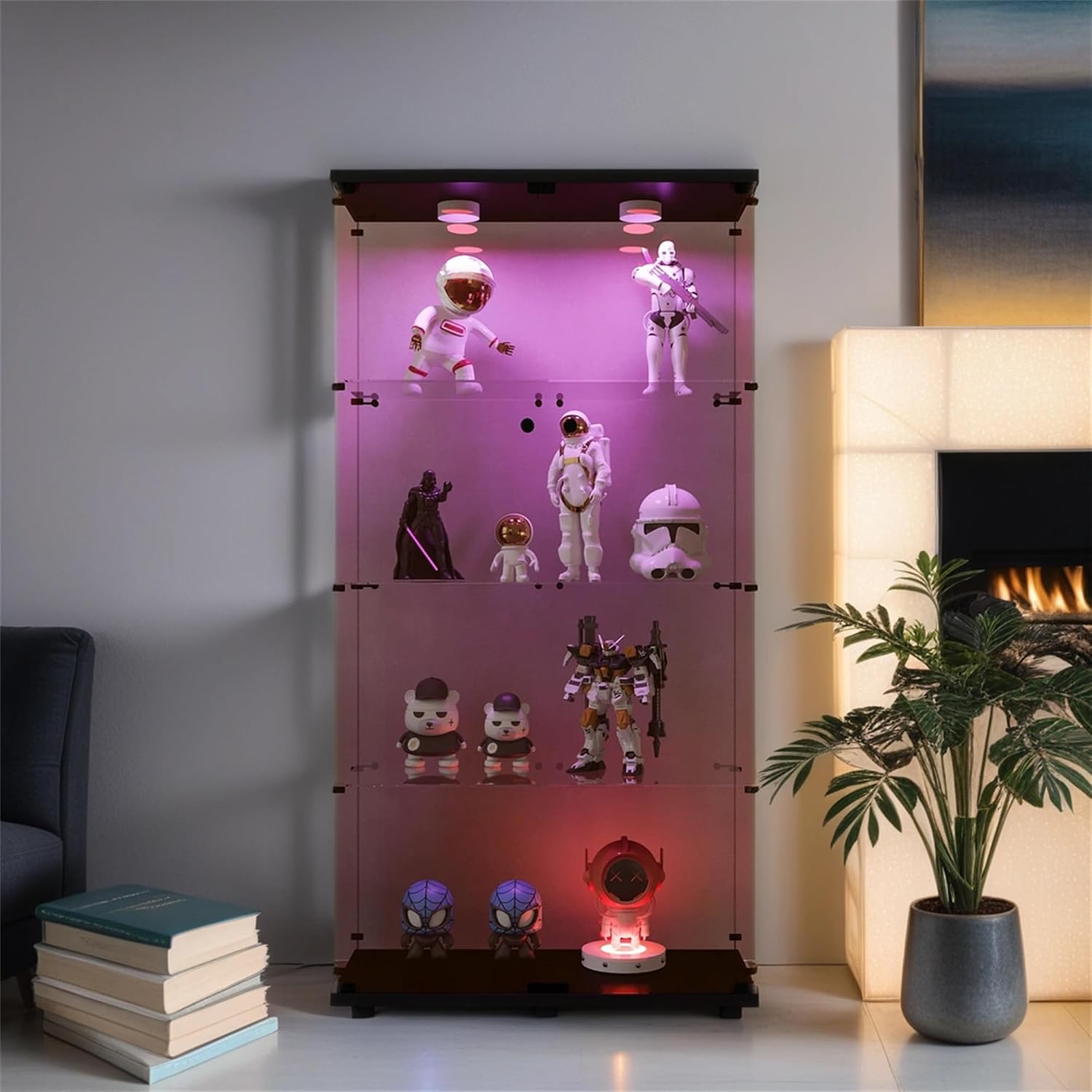 Glass Display Cabinet with Lights and Lock, 4-Tier Display Case Curio Cabinet with Glass Door, Floor Standing Showcase for Living Room Bedroom Home Office 31' W x 14.3' D x 64.5' H