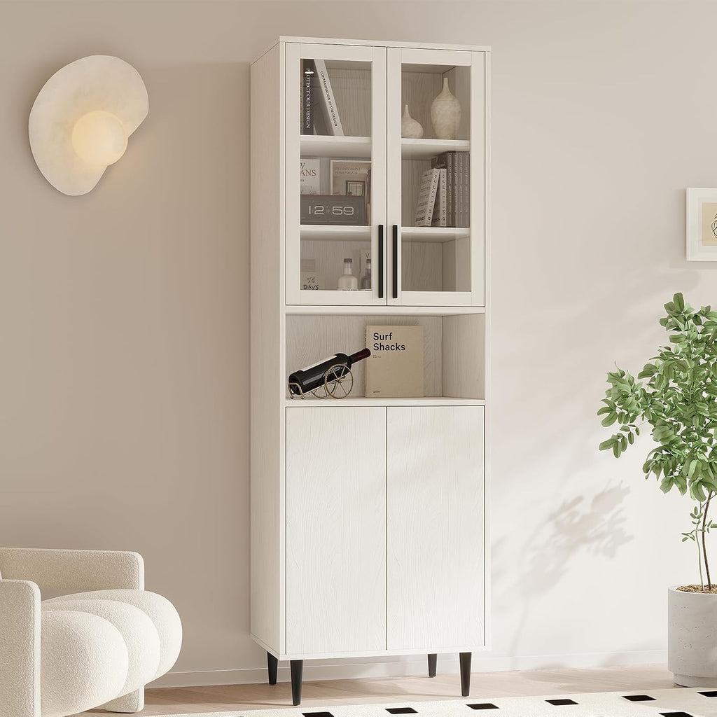 TUSY 70.9' H Bookshelf with Glass Doors, 5-Tier Display Curio Cabinet with Drawers, Narrow Display Bookcase for Home, Office, Clinic, Pantry (White, A)