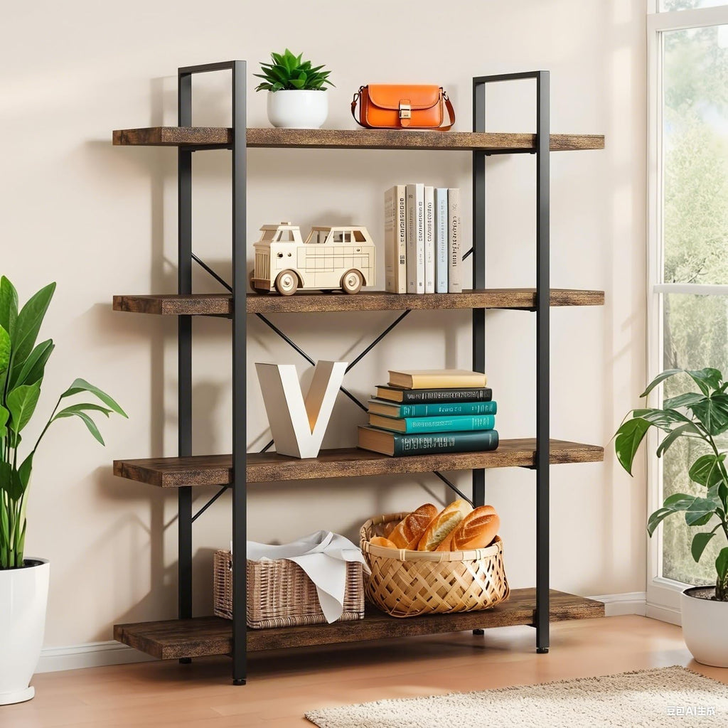 4 Tier Book Shelf, 47'' Wide Wood Industrial Bookshelf, 120lbs Shelf Capacity, Open Storage Shelves, 55'' Tall Heavy Duty Display Shelving, Rustic Brown Bookcase for Bedroom,Living Room,Office