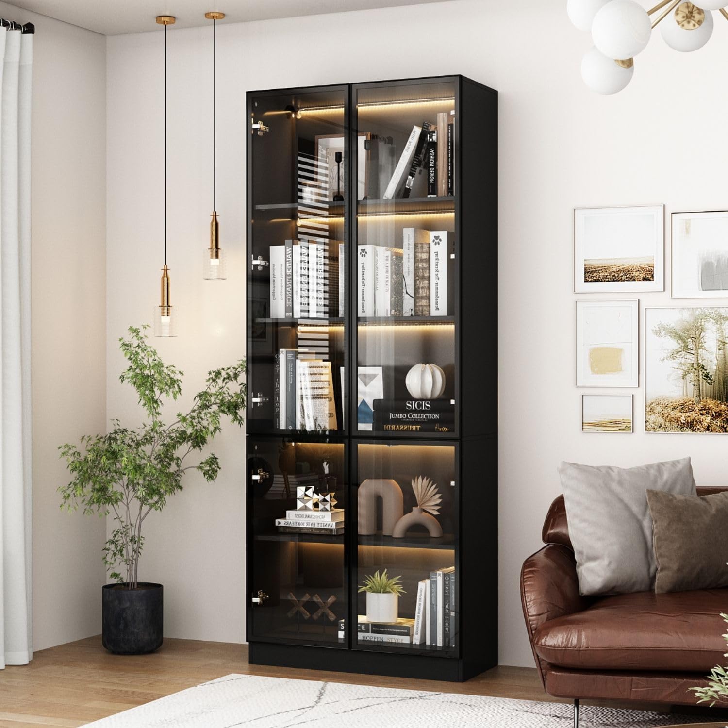 Display Cabinet with 4 Glass Doors and Lights, 5-Tier Storage Shelves, Pop-up Design, Trophy Case Display Cabinet for Collectibles, Black (31.5'W x 14.2'D x 78.7'H)